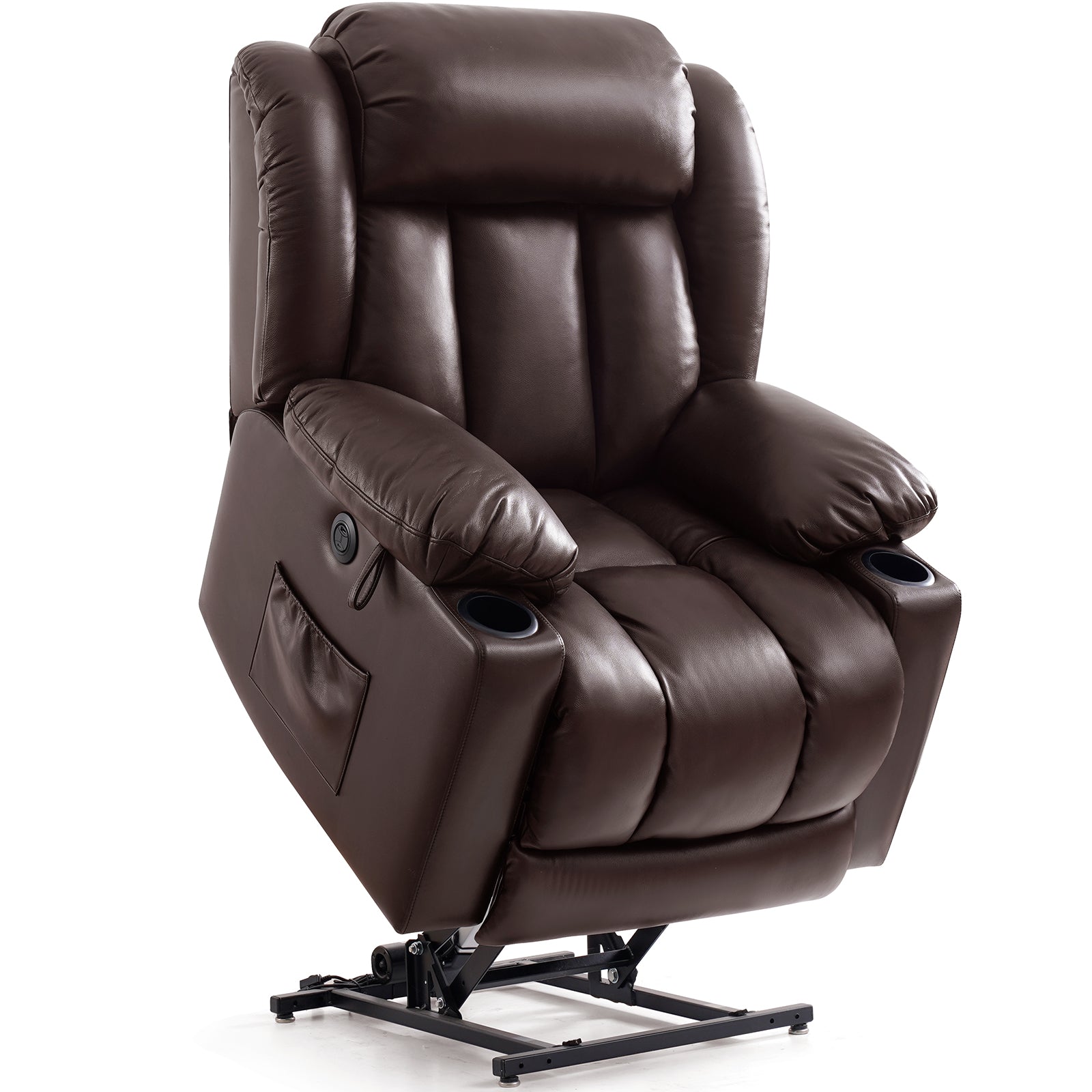 Brown leather electric lift recliner massage chair with cup holders and side pocket, elderly assist reclining sofa