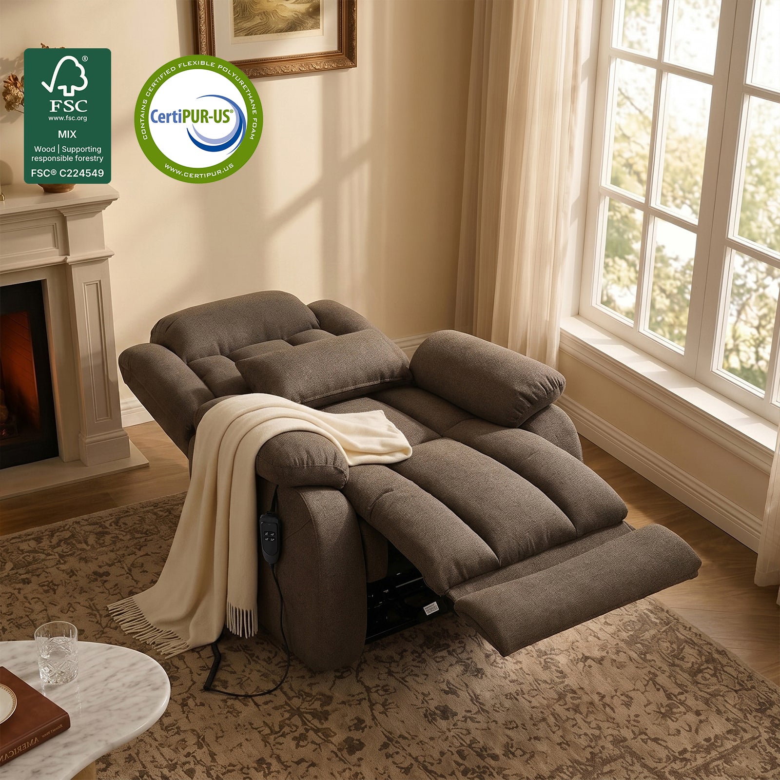 Restreal Dual-Motor Lay Flat Lift Recliner | Linen Fabric, Massage & Heat, USB Port & Lumbar Pillow