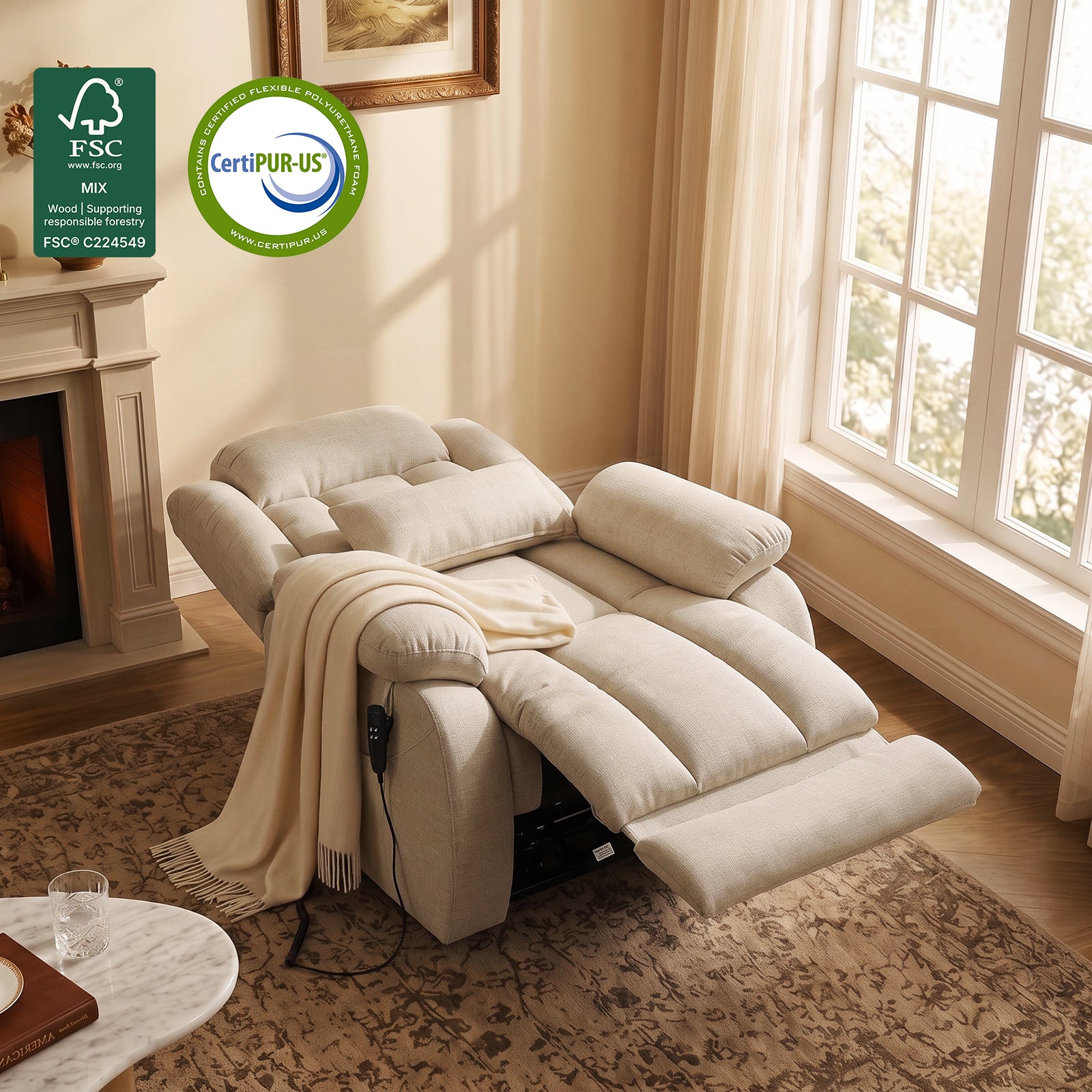 Restreal Dual-Motor Lay Flat Lift Recliner | Linen Fabric, Massage & Heat, USB Port & Lumbar Pillow