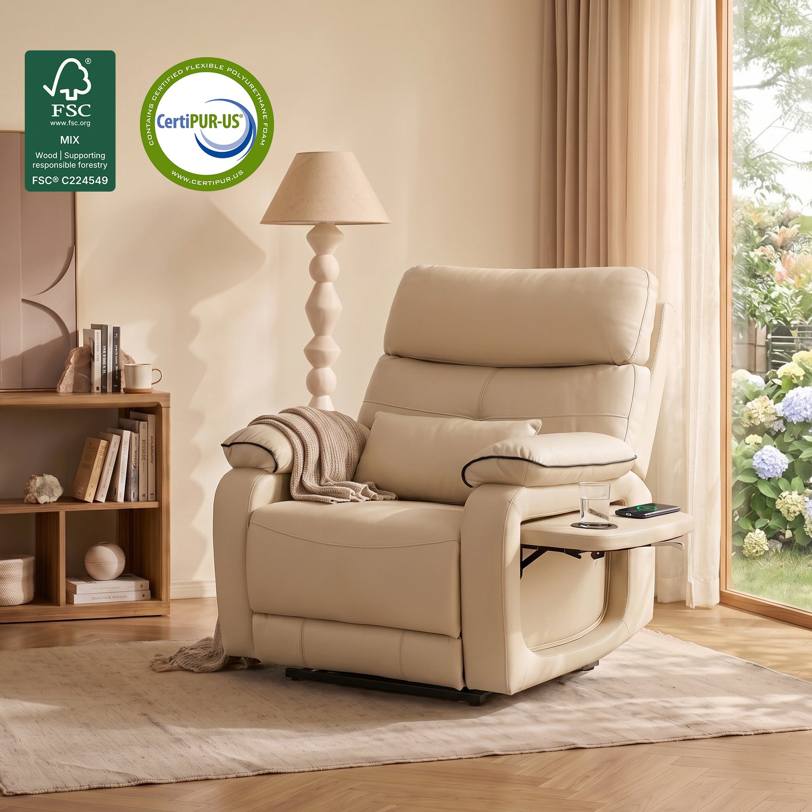 Lifestyle room shot beige faux leather power lift recliner chair for seniors, foldable side storage tray, detachable lumbar pillow, FSC wood & CertiPUR-US certified foam, electric assist lift reclining sofa for living room bedroom rest