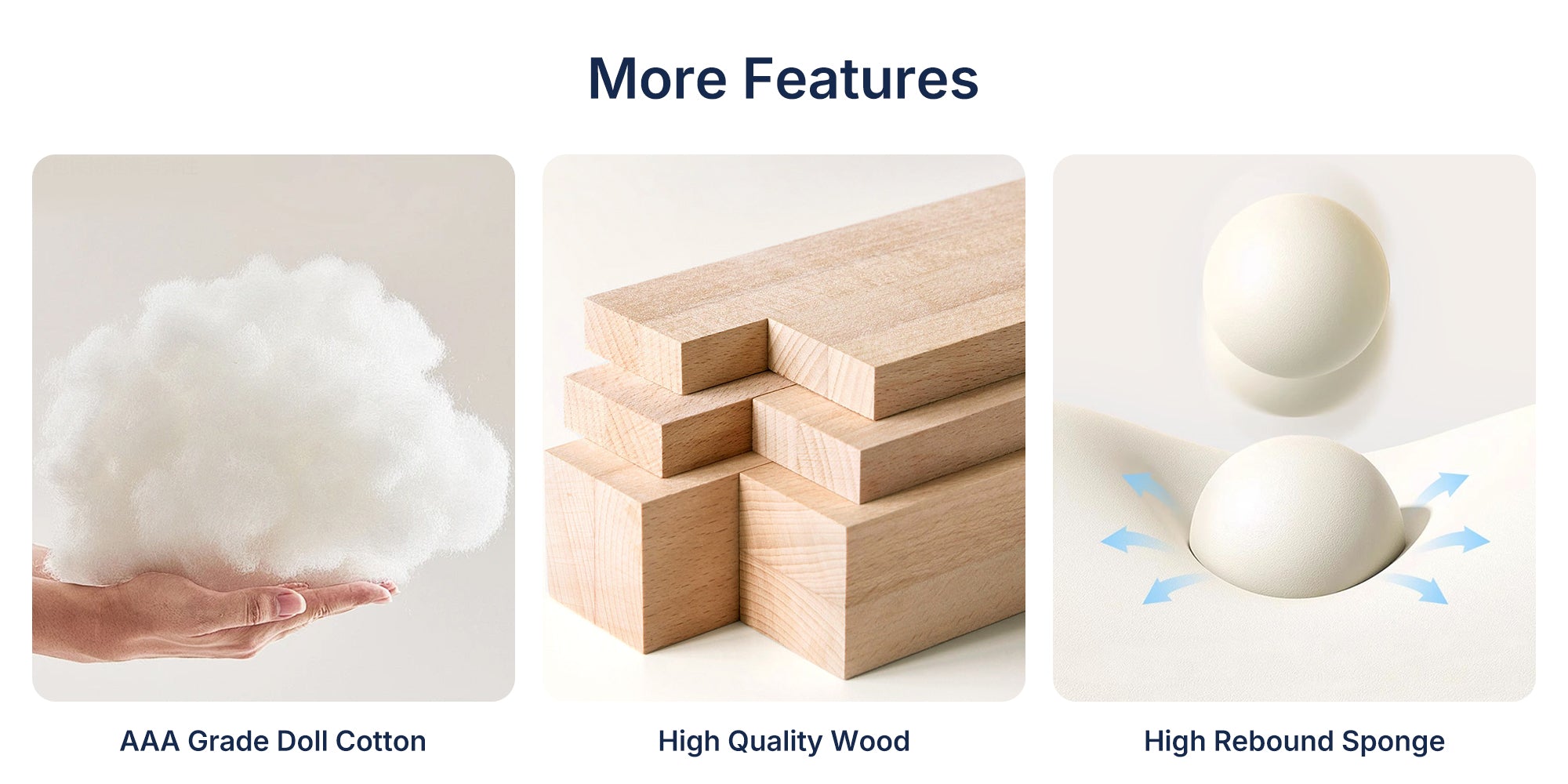 Material feature infographic for power lift recliner, introducing 3 core internal raw materials: AAA grade doll cotton for soft cushion filling, premium solid wood for sturdy internal frame, high resilience sponge with excellent pressure dispersion performance