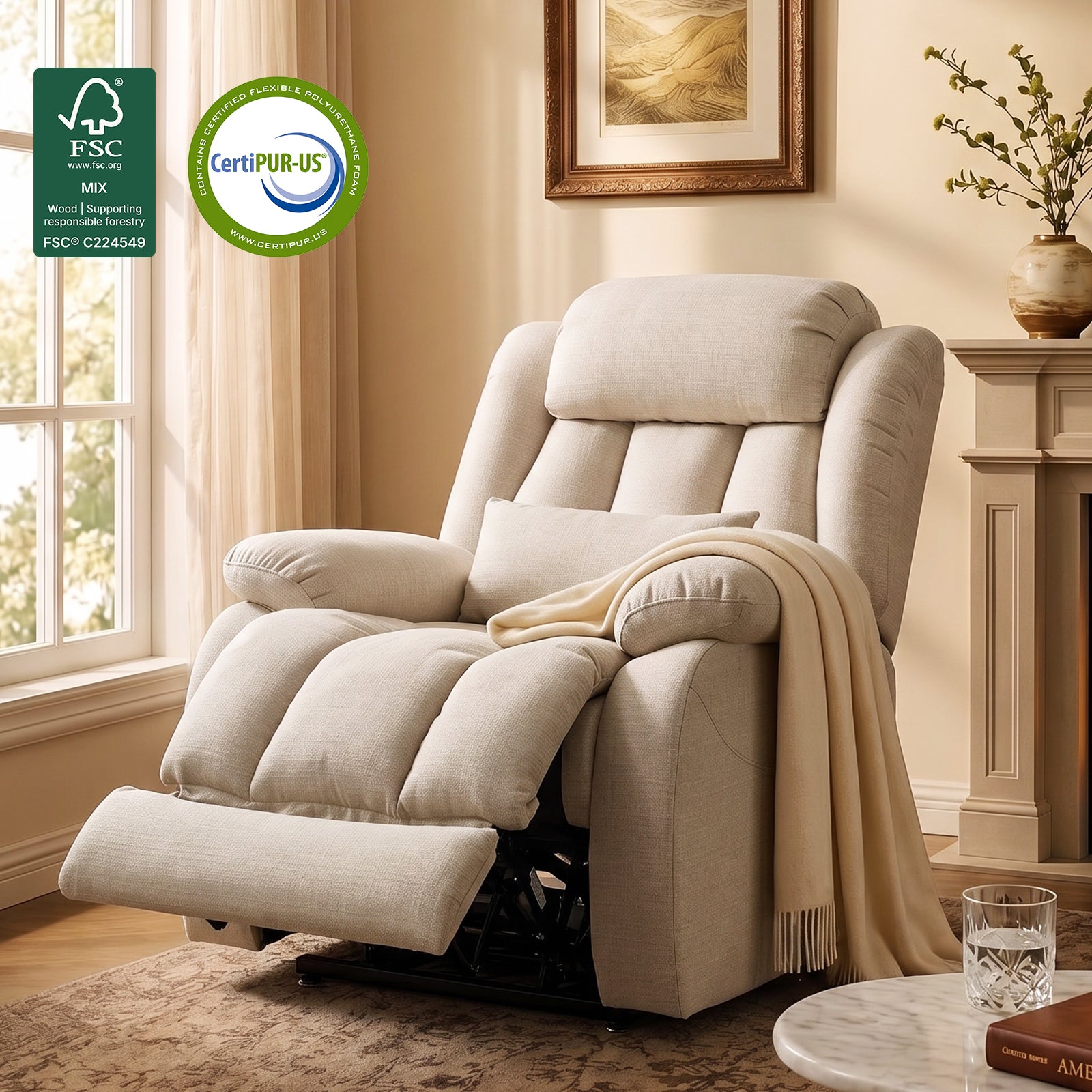 Restreal Dual-Motor Lay Flat Lift Recliner | Linen Fabric, Massage & Heat, USB Port & Lumbar Pillow