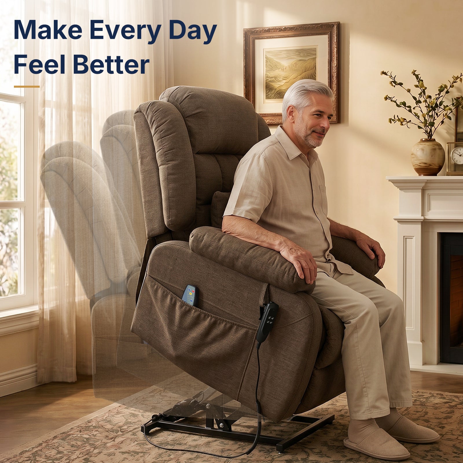 Restreal Dual-Motor Lay Flat Lift Recliner | Linen Fabric, Massage & Heat, USB Port & Lumbar Pillow