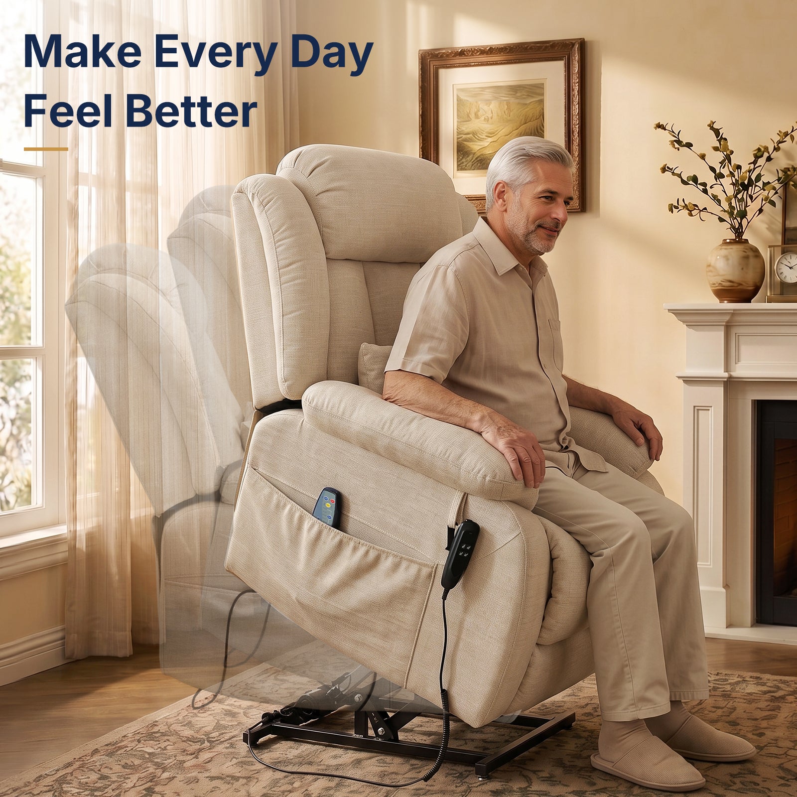 Restreal Dual-Motor Lay Flat Lift Recliner | Linen Fabric, Massage & Heat, USB Port & Lumbar Pillow