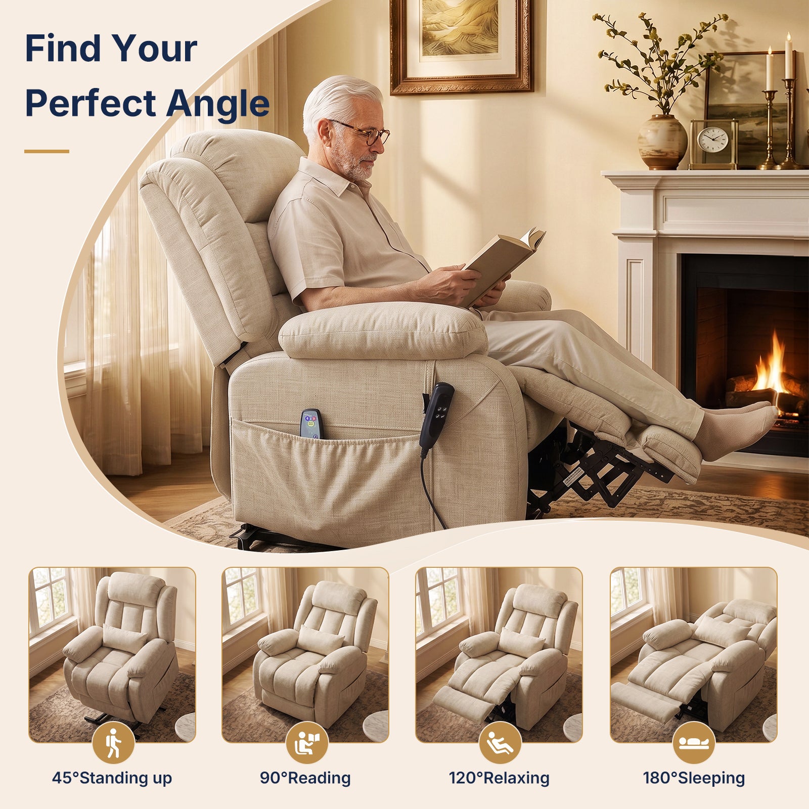 Restreal Dual-Motor Lay Flat Lift Recliner | Linen Fabric, Massage & Heat, USB Port & Lumbar Pillow