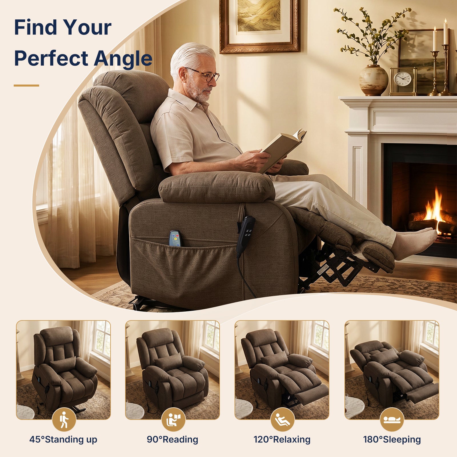 Restreal Dual-Motor Lay Flat Lift Recliner | Linen Fabric, Massage & Heat, USB Port & Lumbar Pillow