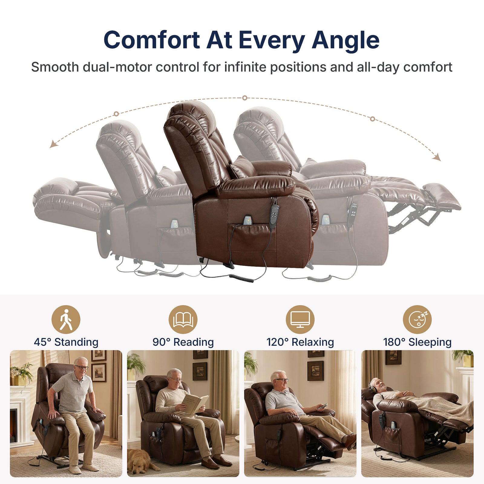 Restreal Infinite Position Leather Lift Recliner | Extend Footrest, Heat & Massage