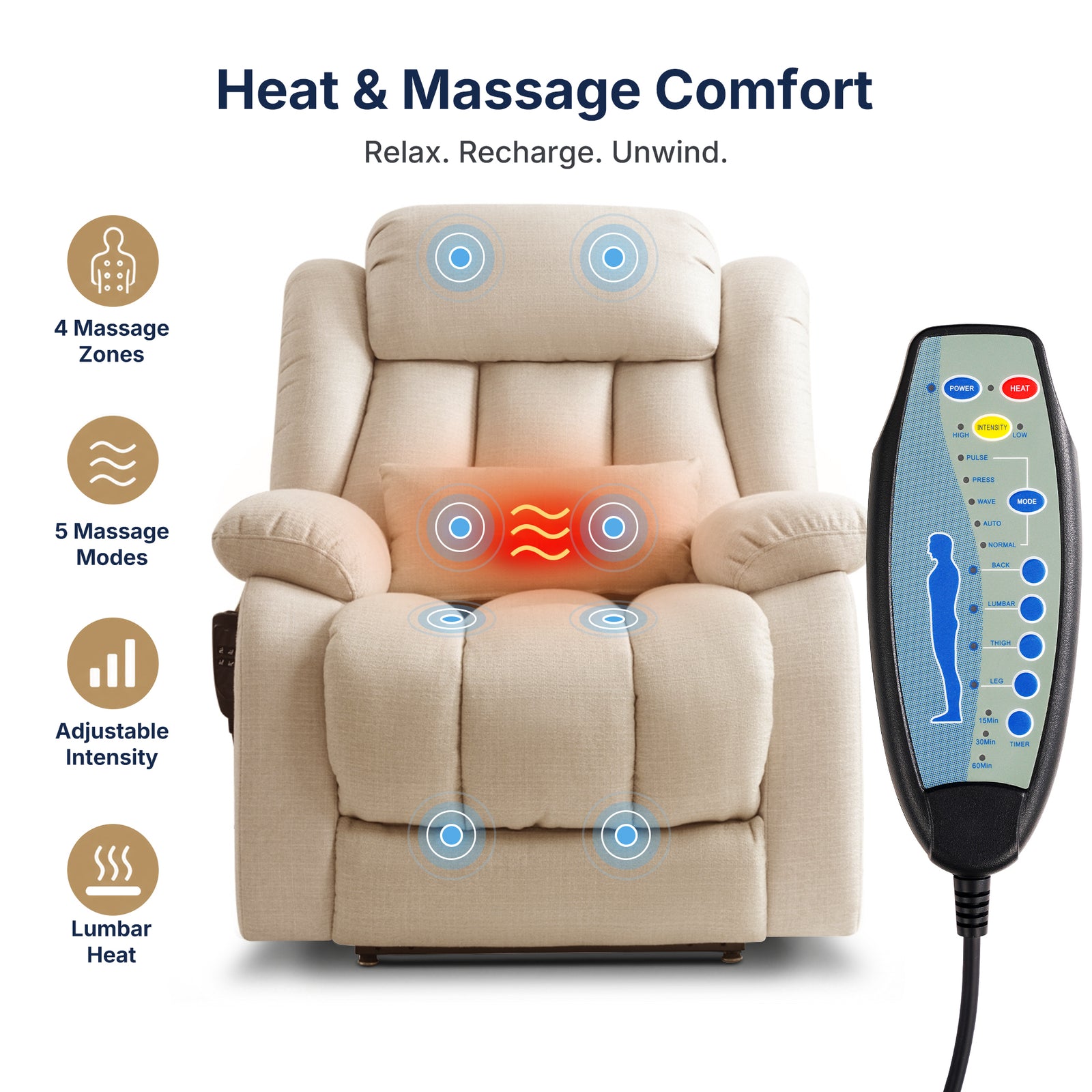 Restreal Dual-Motor Lay Flat Lift Recliner | Linen Fabric, Massage & Heat, USB Port & Lumbar Pillow