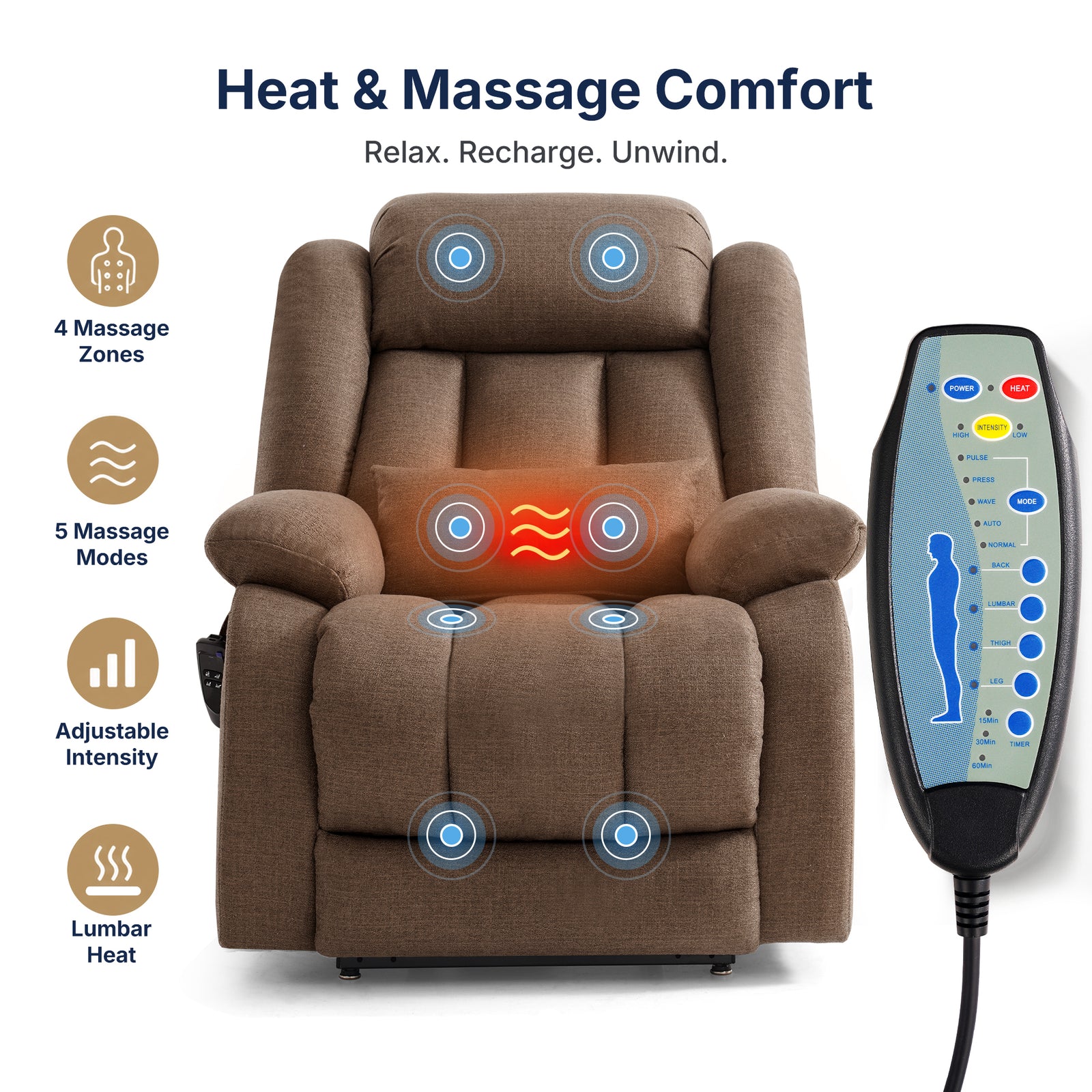 Restreal Dual-Motor Lay Flat Lift Recliner | Linen Fabric, Massage & Heat, USB Port & Lumbar Pillow