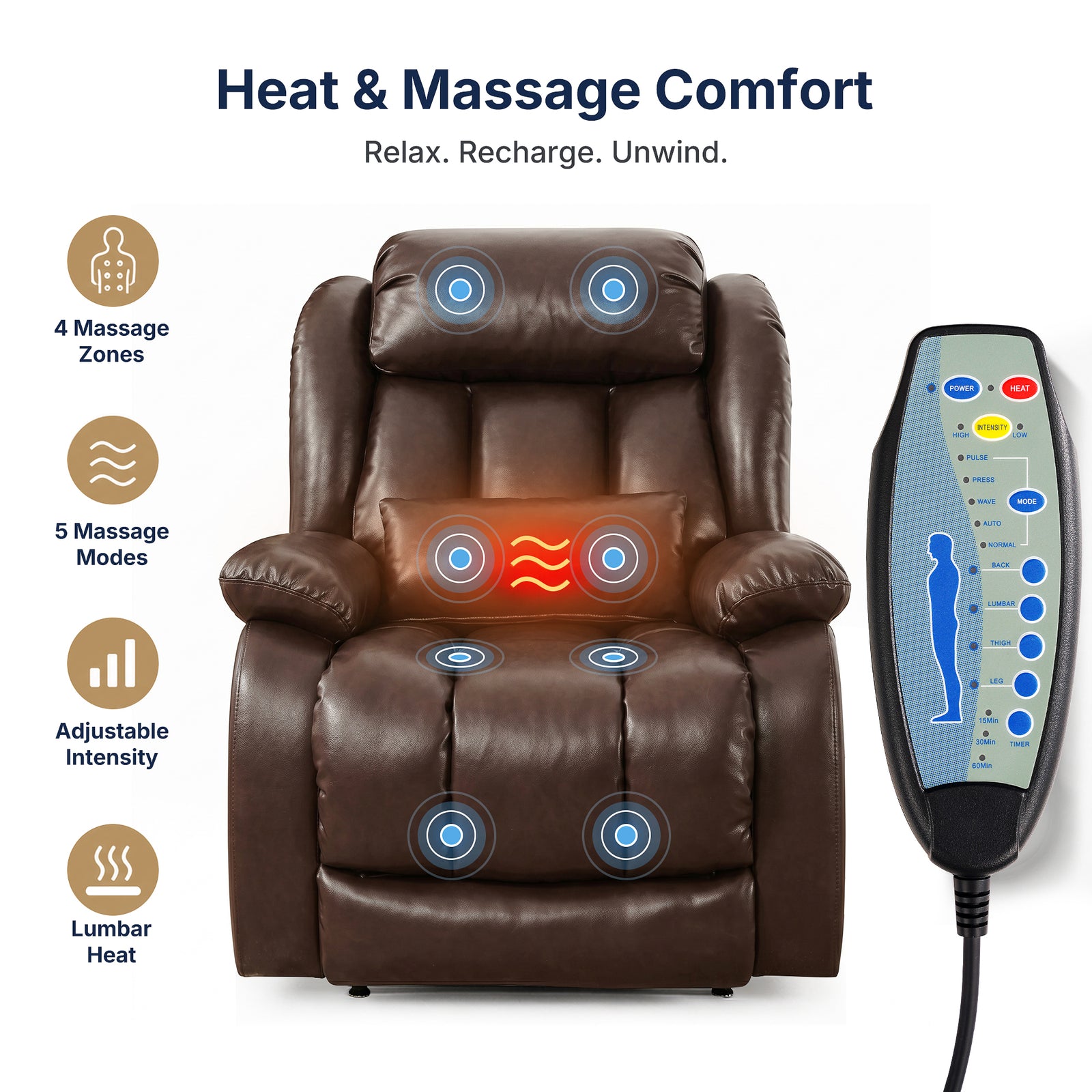 Restreal Infinite Position Leather Lift Recliner | Extend Footrest, Heat & Massage