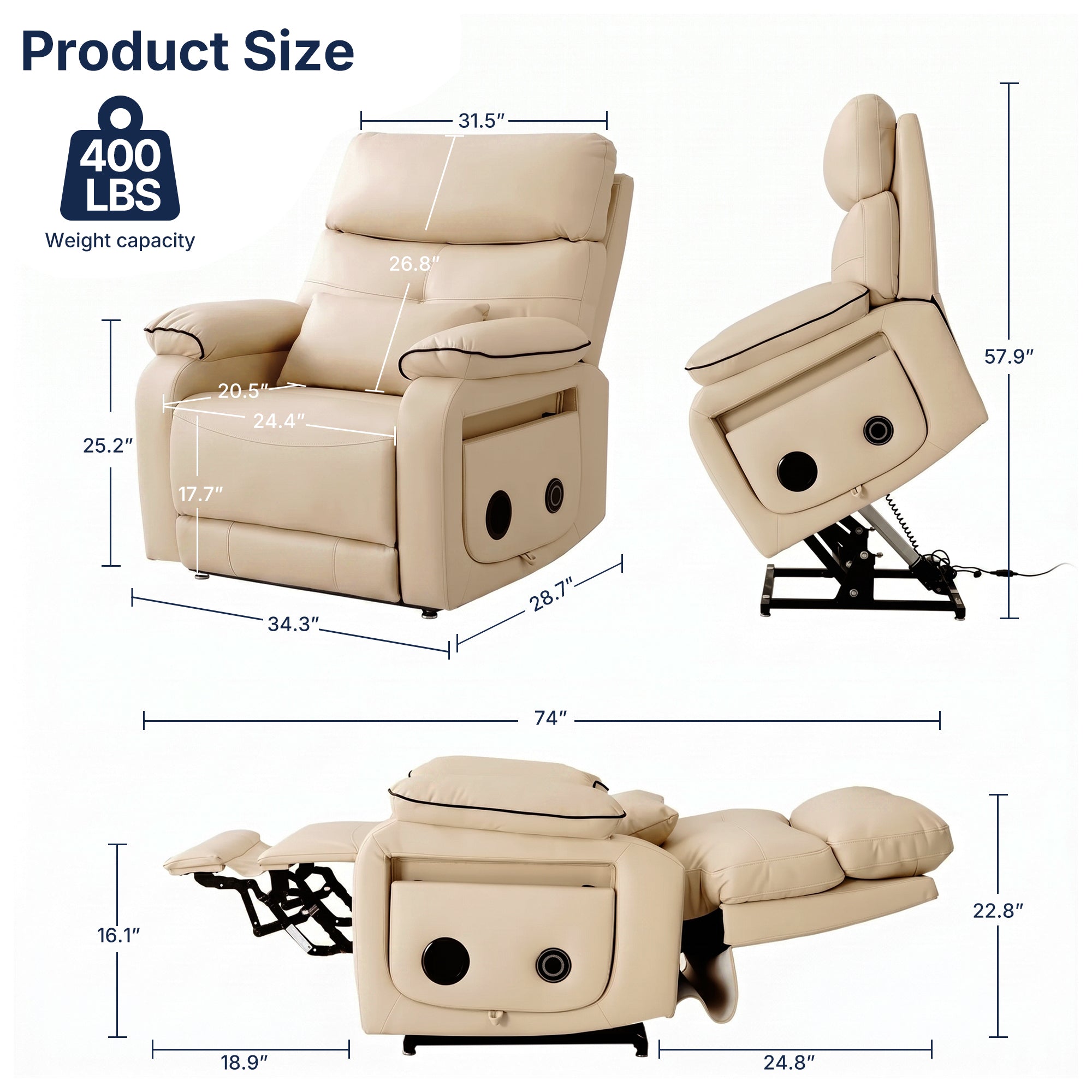 Product size dimension infographic for beige faux leather power lift recliner chair, labeled inch measurements for upright, side and fully reclined positions, 400 LBS weight capacity mark, built-in side Bluetooth speakers, elderly assist recliner sofa size specification chart on white background