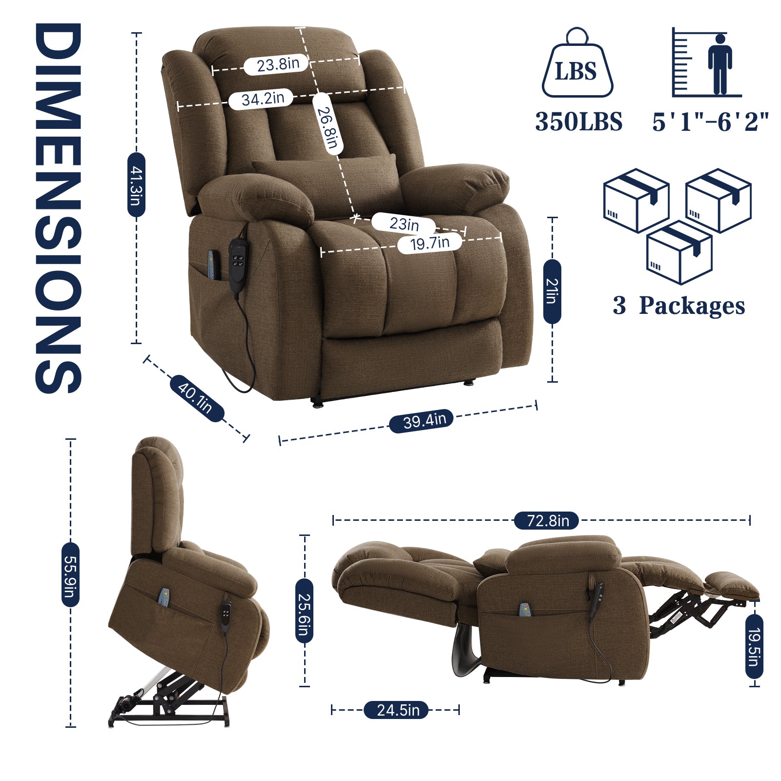 Restreal Dual-Motor Lay Flat Lift Recliner | Linen Fabric, Massage & Heat, USB Port & Lumbar Pillow