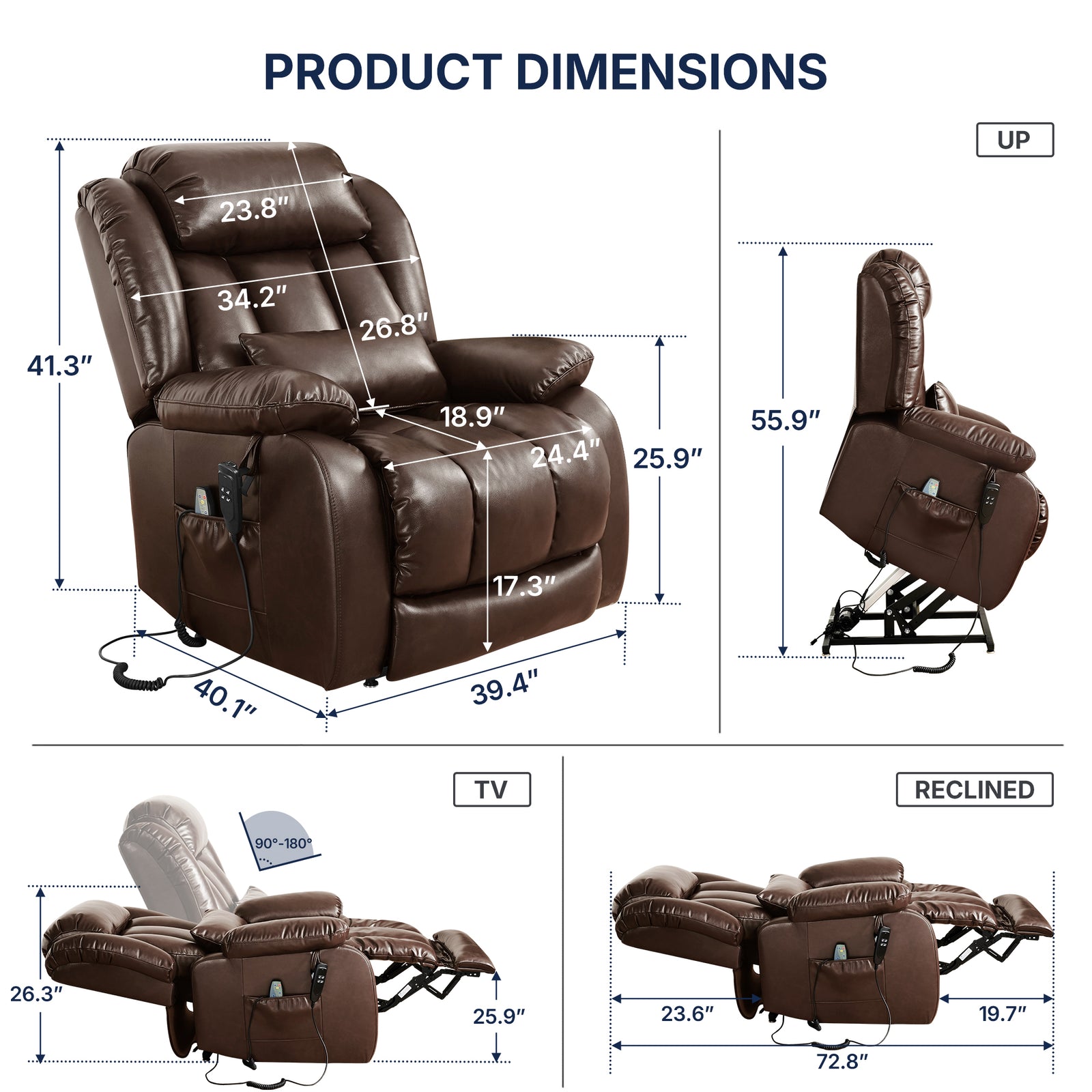 Restreal Infinite Position Leather Lift Recliner | Extend Footrest, Heat & Massage