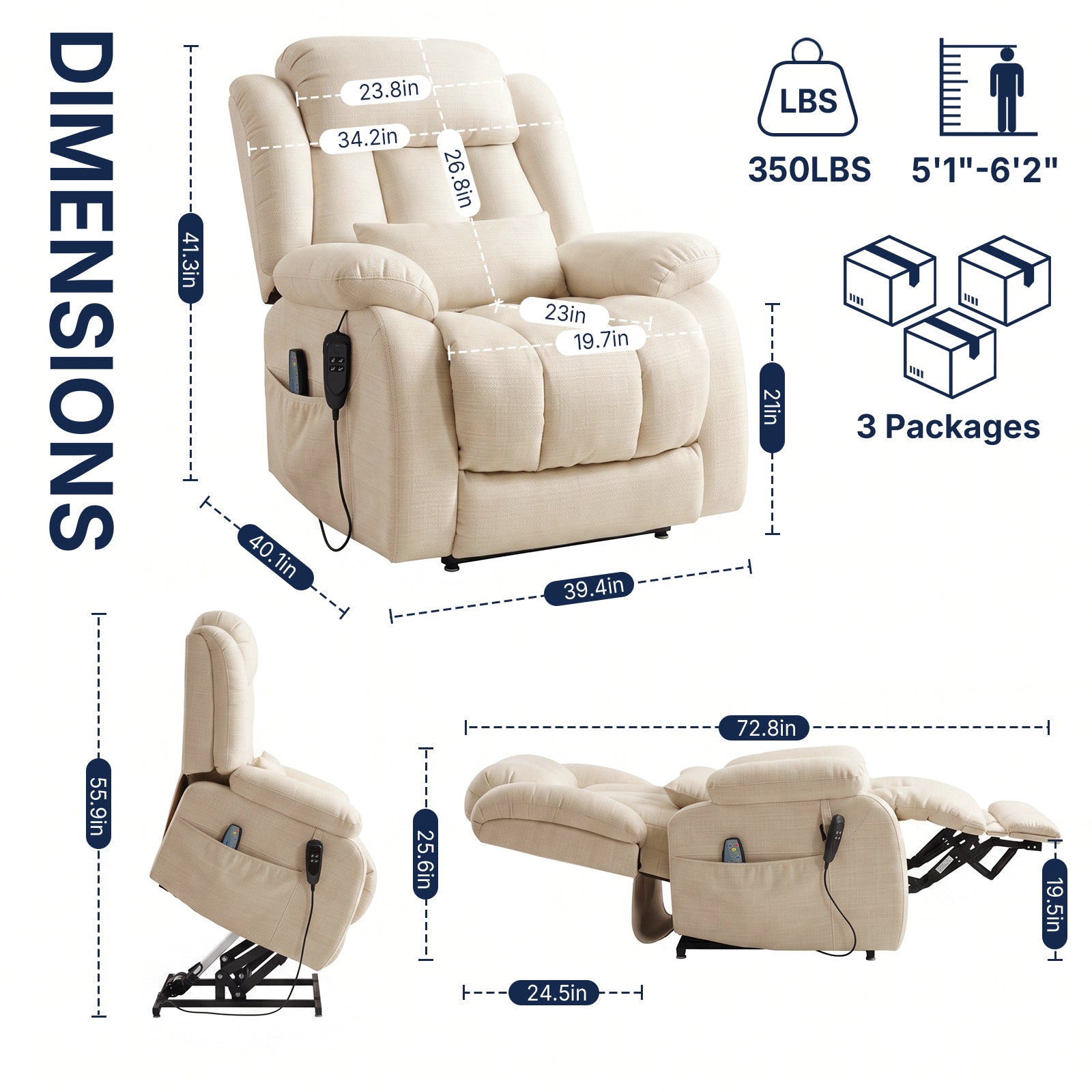 Restreal Dual-Motor Lay Flat Lift Recliner | Linen Fabric, Massage & Heat, USB Port & Lumbar Pillow