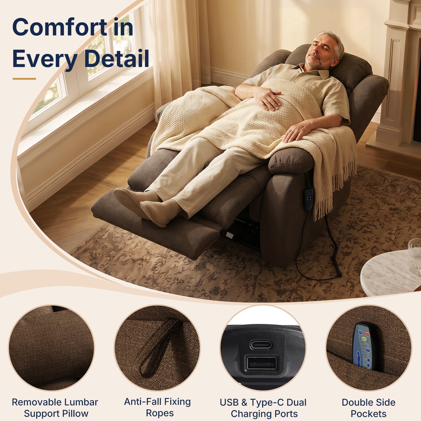 Restreal Dual-Motor Lay Flat Lift Recliner | Linen Fabric, Massage & Heat, USB Port & Lumbar Pillow