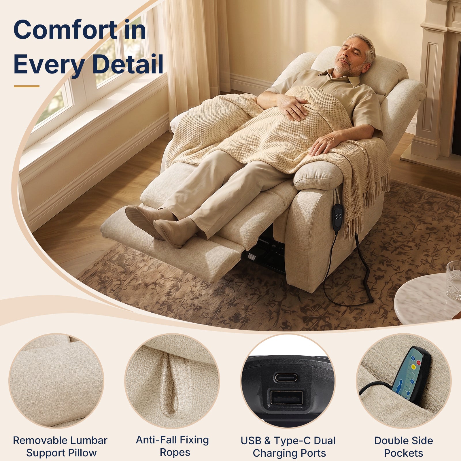 Restreal Dual-Motor Lay Flat Lift Recliner | Linen Fabric, Massage & Heat, USB Port & Lumbar Pillow