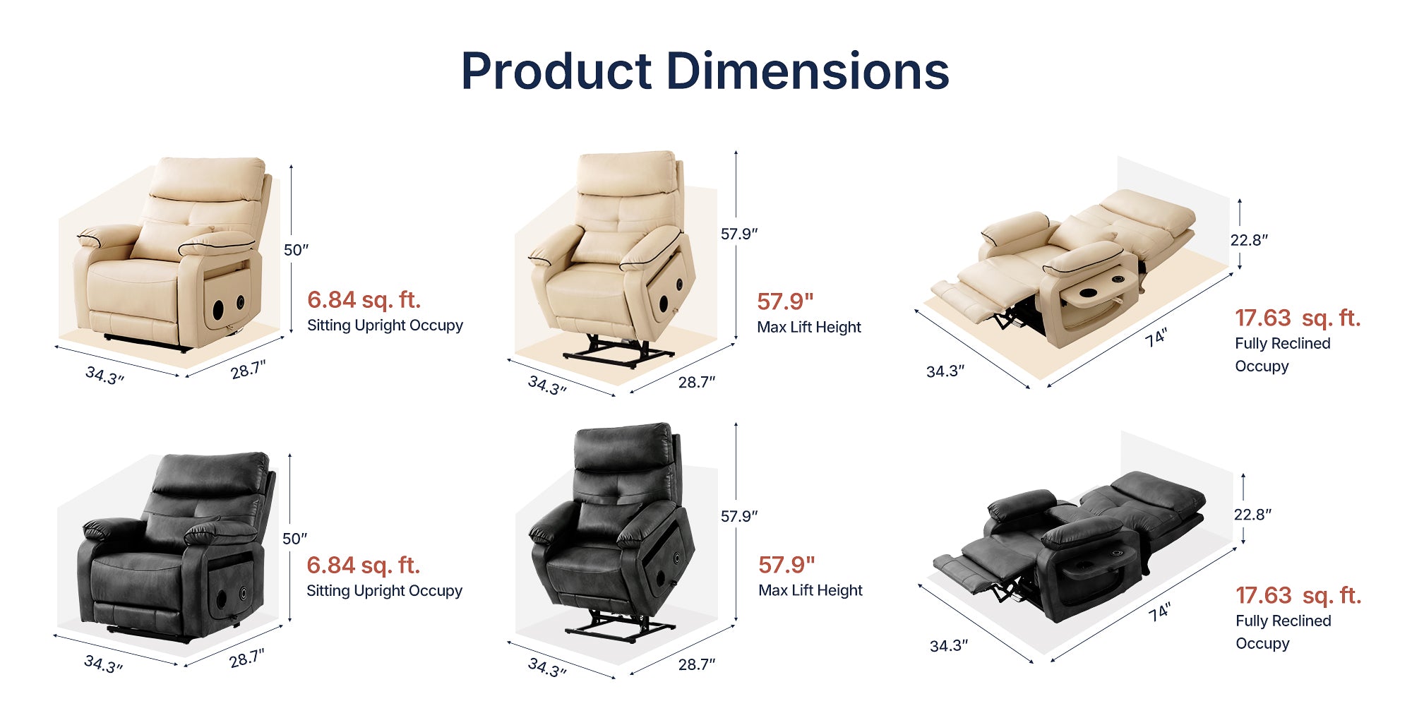 Dimension infographic for beige and black two-tone power lift recliners, listing 3 usage-state specs: upright sitting footprint 6.84 sq.ft, maximum lifting height 57.9 inches, fully reclined occupied area 17.63 sq.ft; inch-based length, width, height measurements are marked for both color variants