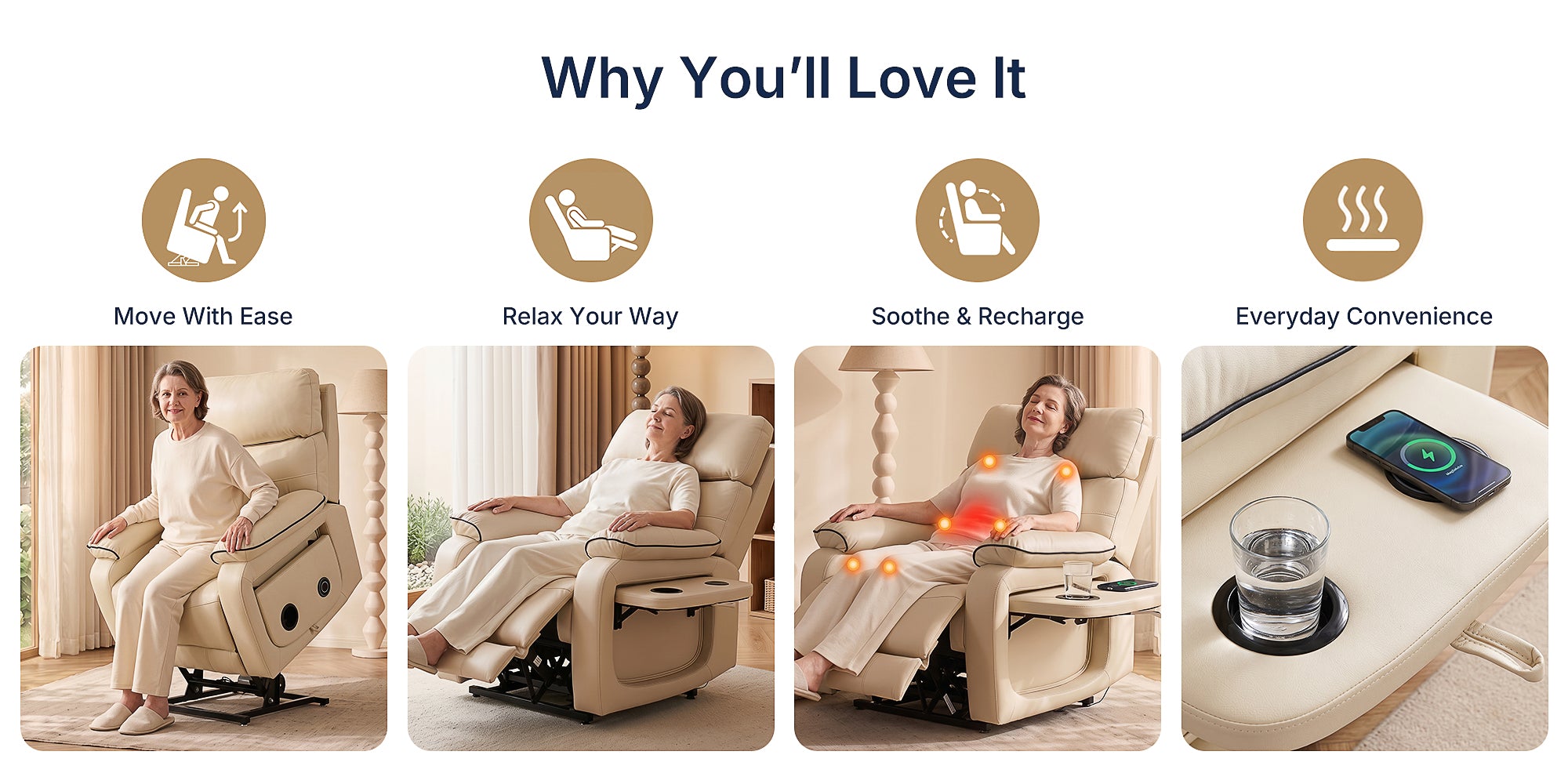 Feature graphic of cream beige power lift recliner with 4 perks: lift assist for effortless standing, customizable reclining positions for leisure, multi-point heating & massage to relieve muscle soreness, built-in cup holders plus wireless phone charging for daily convenience