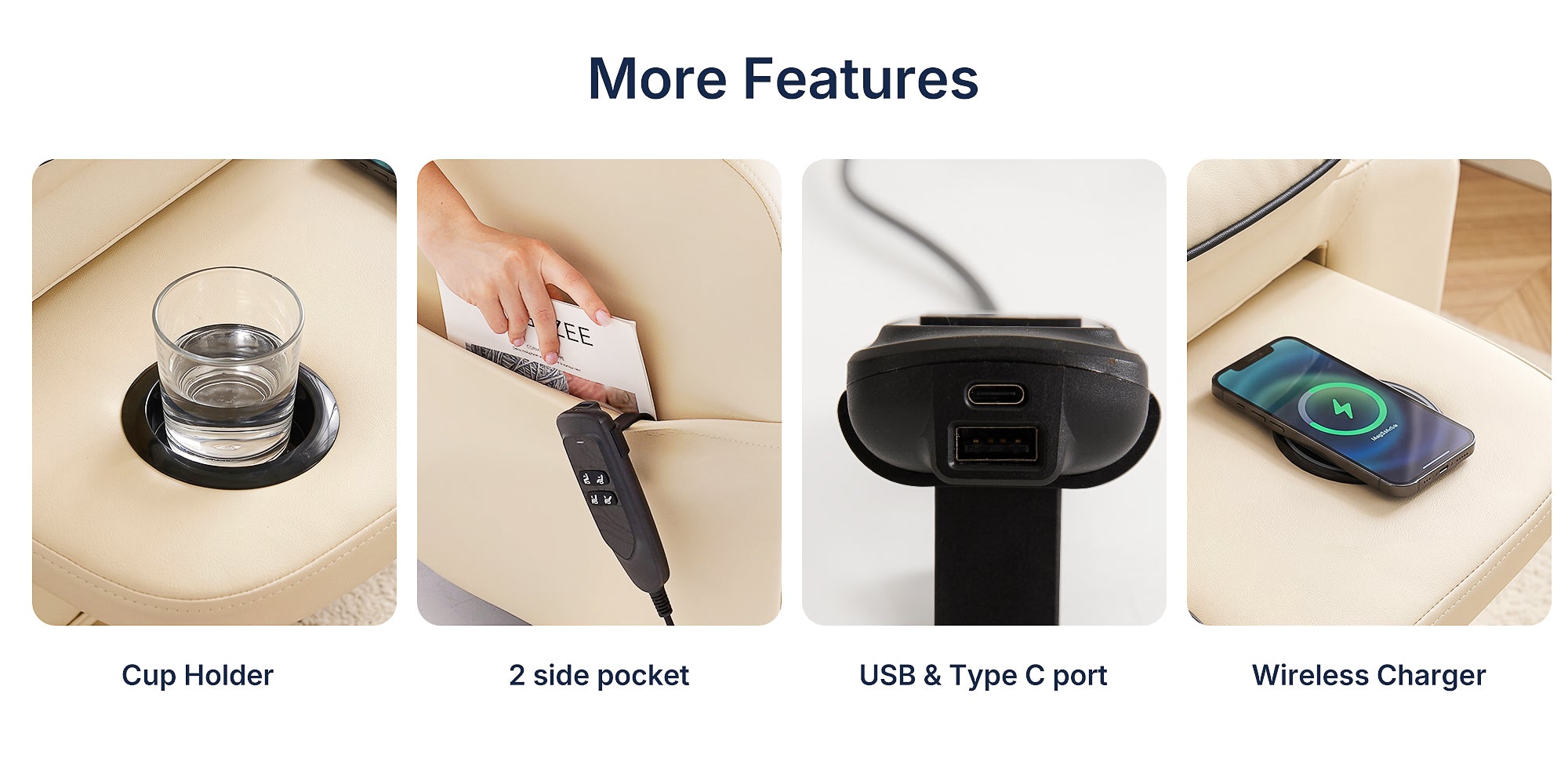 Extra feature infographic for cream beige power lift recliner: built-in cup holder for drink storage, dual side storage pockets for magazines & controller placement, USB + Type-A/C dual wired charging ports, a wireless charging pad for cord-free smartphone power replenishment