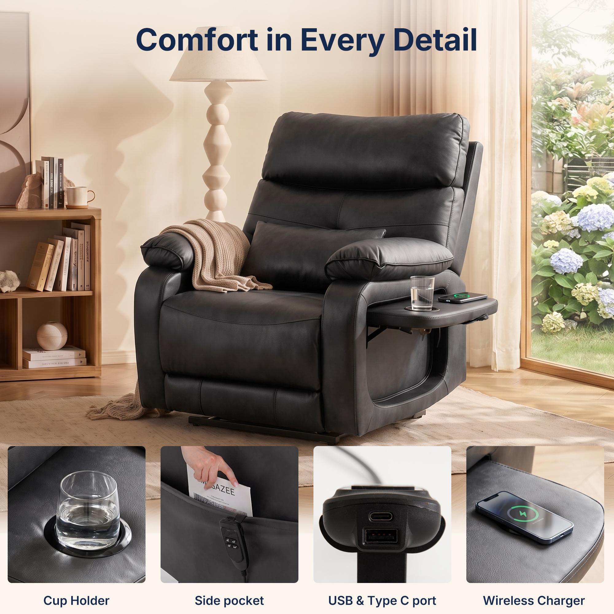 Lifestyle product shot of black faux leather power lift recliner, headline "Comfort in Every Detail". Four handy built-in accessories are showcased: recessed cup holder, side storage pocket, USB-A & Type-C dual charging ports, wireless charging pad for mobile devices
