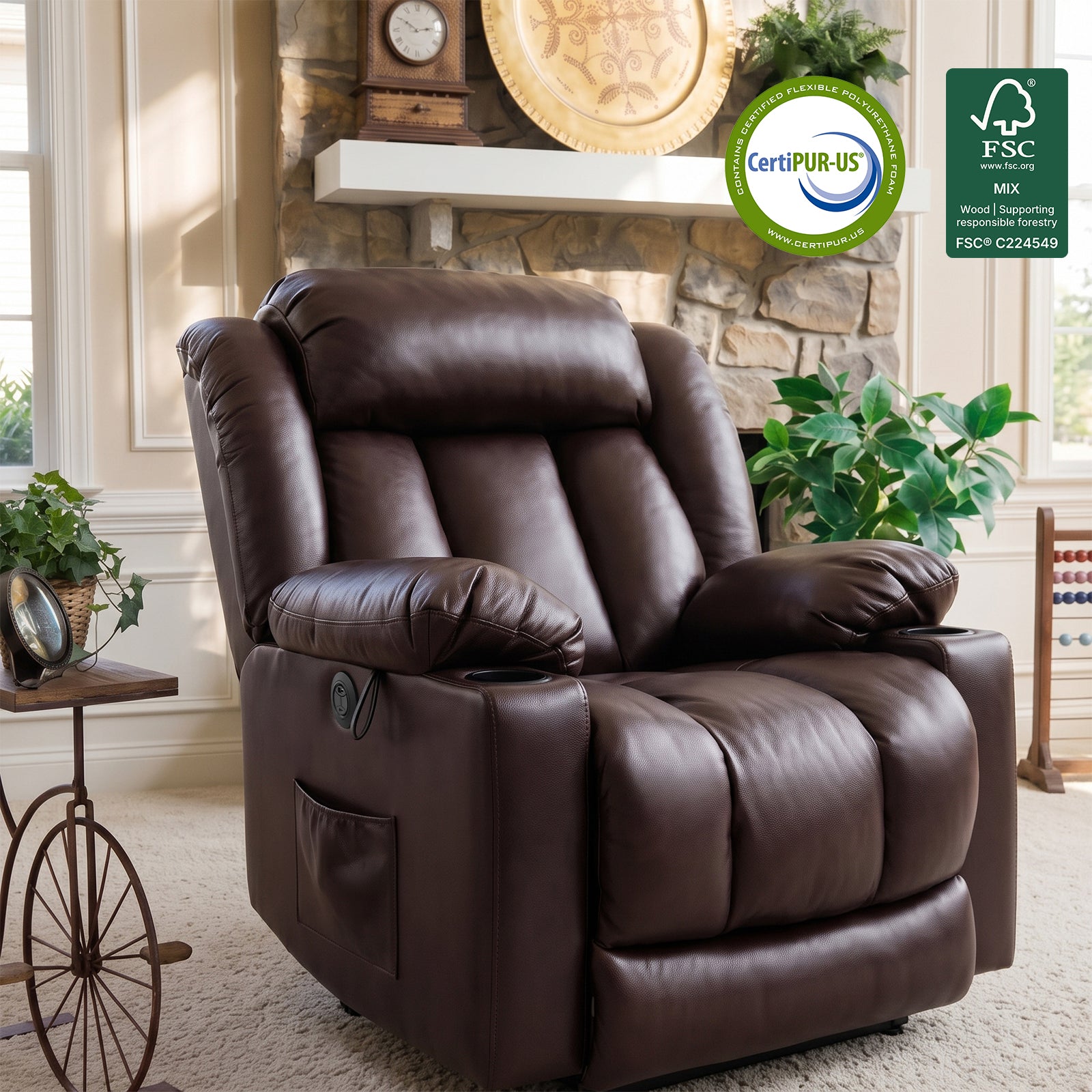 Brown padded leather massage recliner chair with cup holders & side pocket, living room decor thumbnail