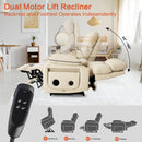 Beige recliner chair with dual motor lift feature in a living room setting, including a remote control.