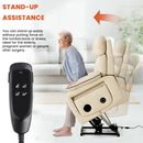 Beige recliner chair with stand-up assistance feature, control panel, and elderly woman using it.