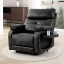 Grey leather recliner chair with cup holder and wireless charger in a living room setting.