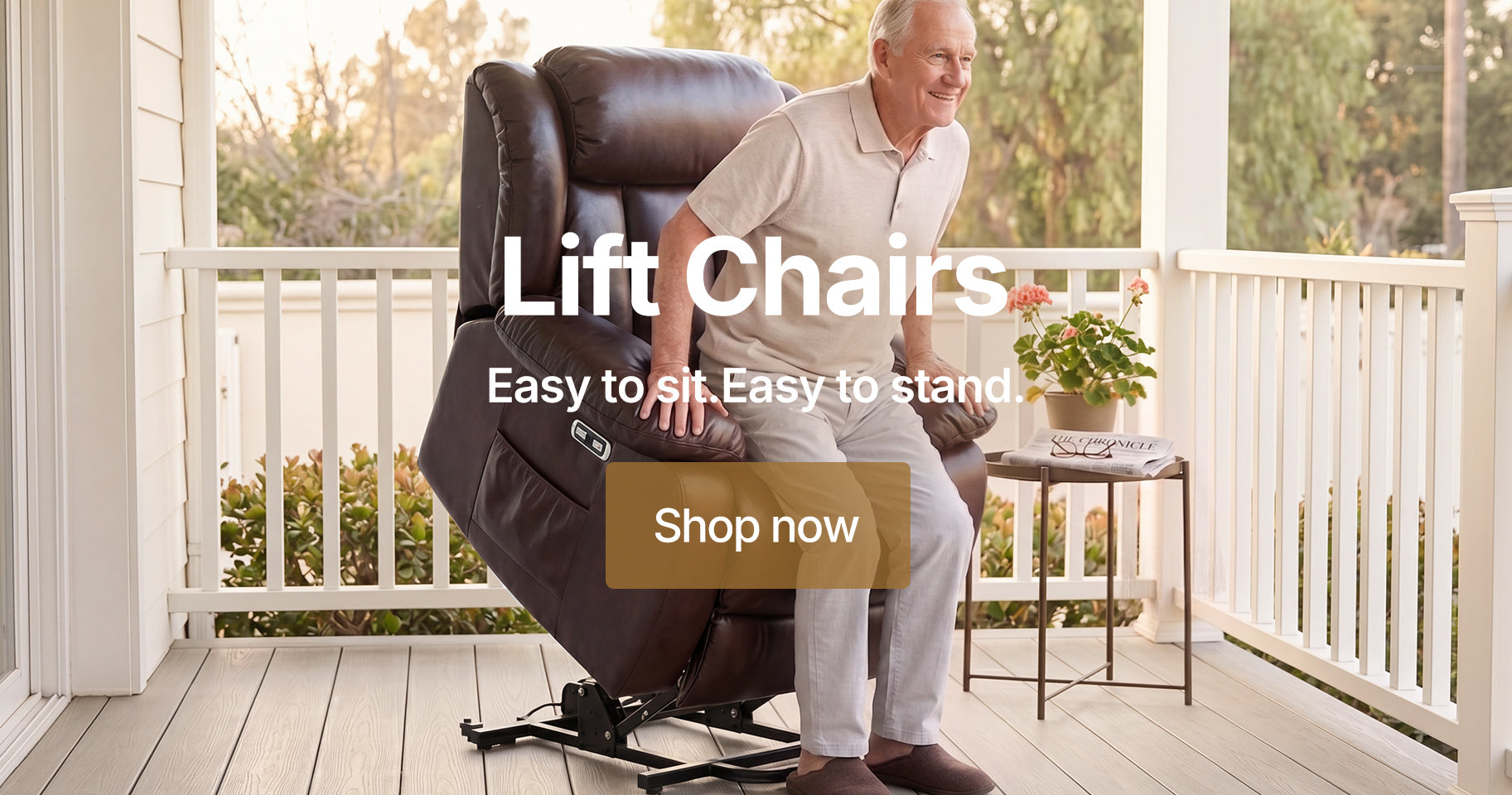 ALT="Brown leather elderly power lift chair, senior man using lift chair on sun porch"