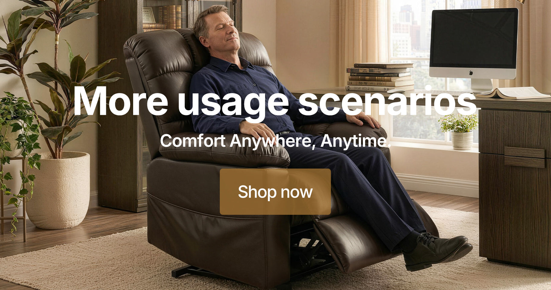 ALT="Brown leather recliner lift chair for home office, man resting on reclining sofa chair"