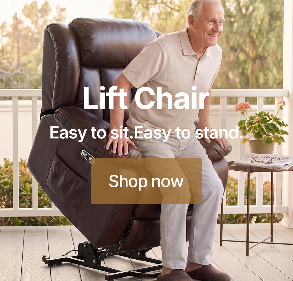 ALT="Brown leather elderly power lift chair, senior man using lift chair on sun porch"