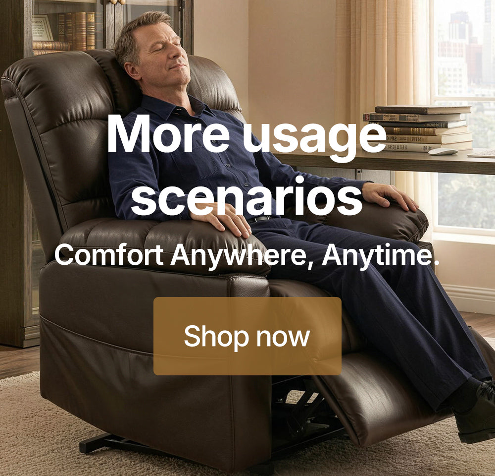 ALT="Brown leather recliner lift chair for home office, man resting on reclining sofa chair"