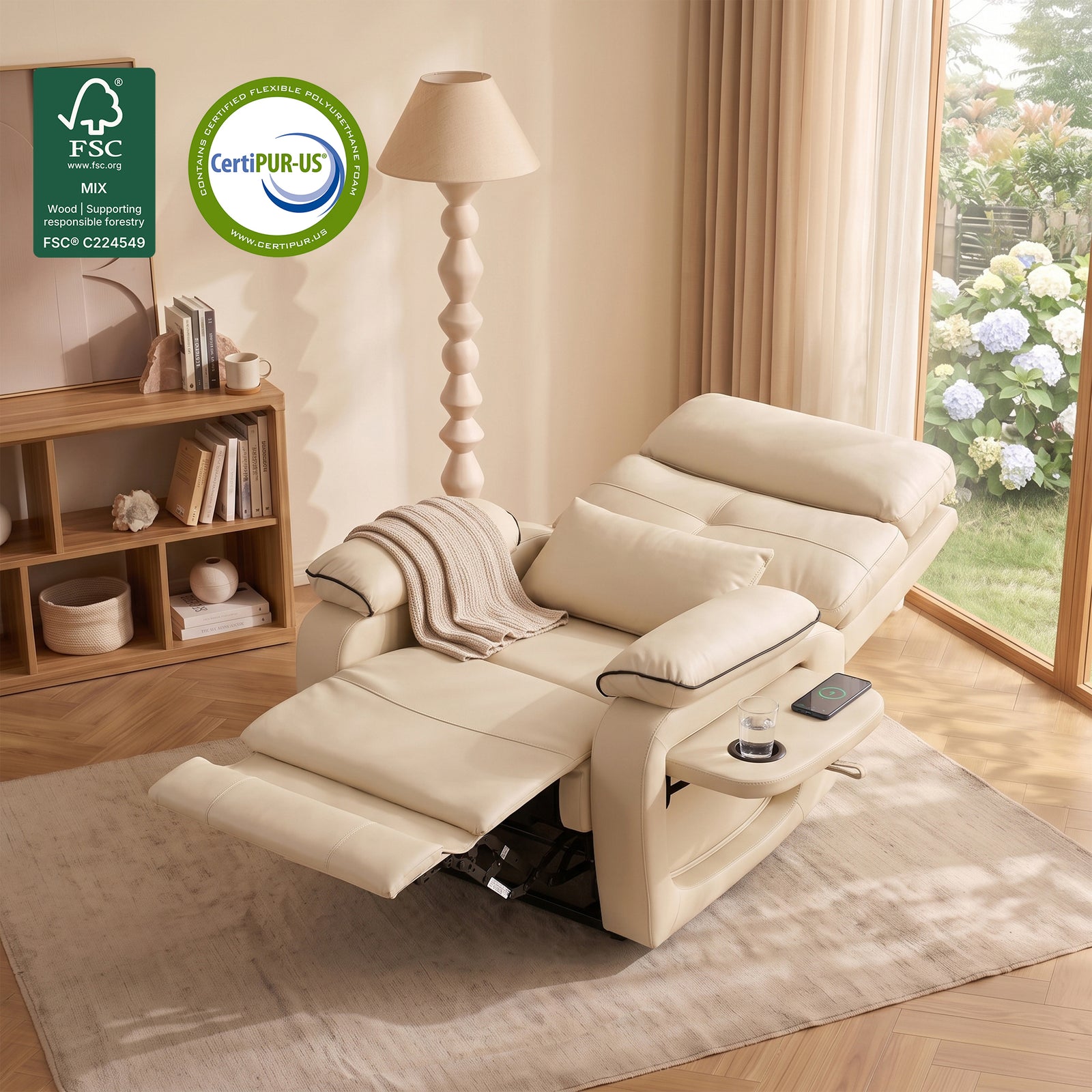 Fully Reclined Beige Faux Leather Power Lift Recliner Chair with Foldable Side Tray, FSC & CertiPUR-US Certified Elderly Assist Sofa