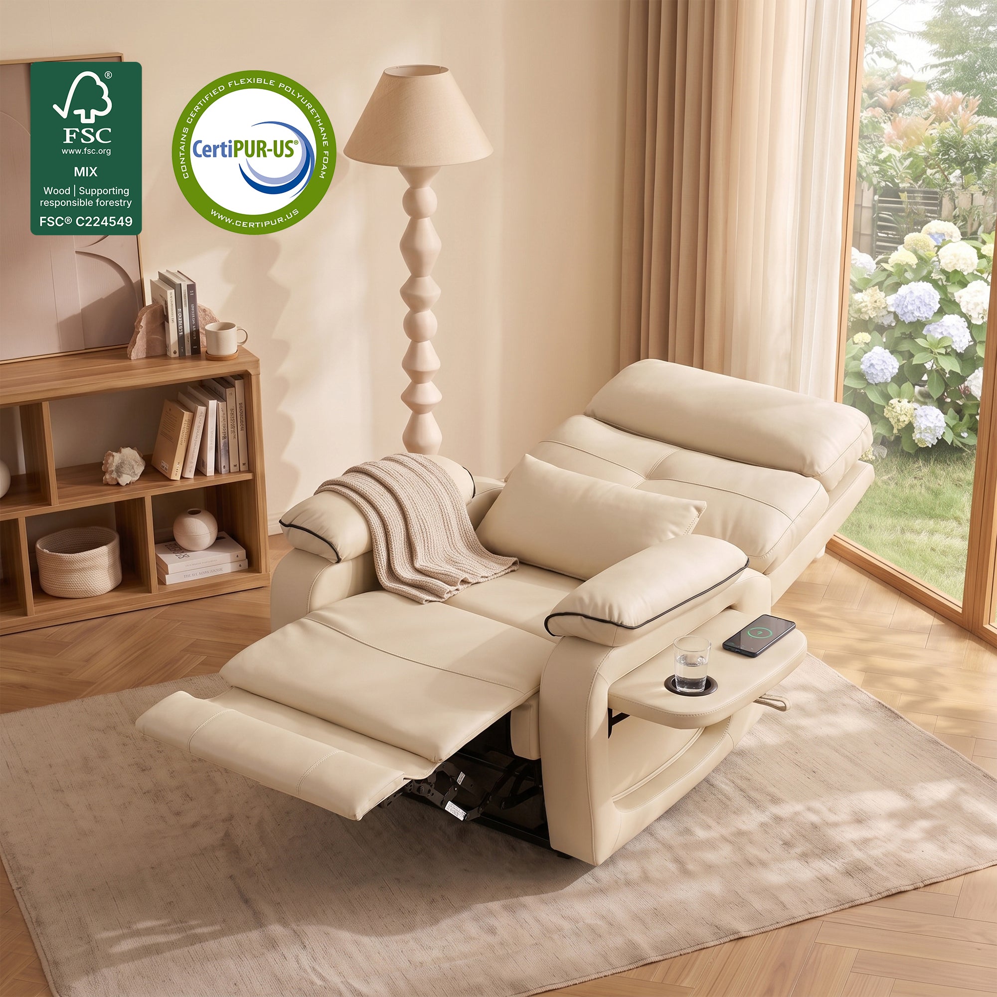 Fully Reclined Beige Faux Leather Power Lift Recliner Chair with Foldable Side Tray, FSC & CertiPUR-US Certified Elderly Assist Sofa