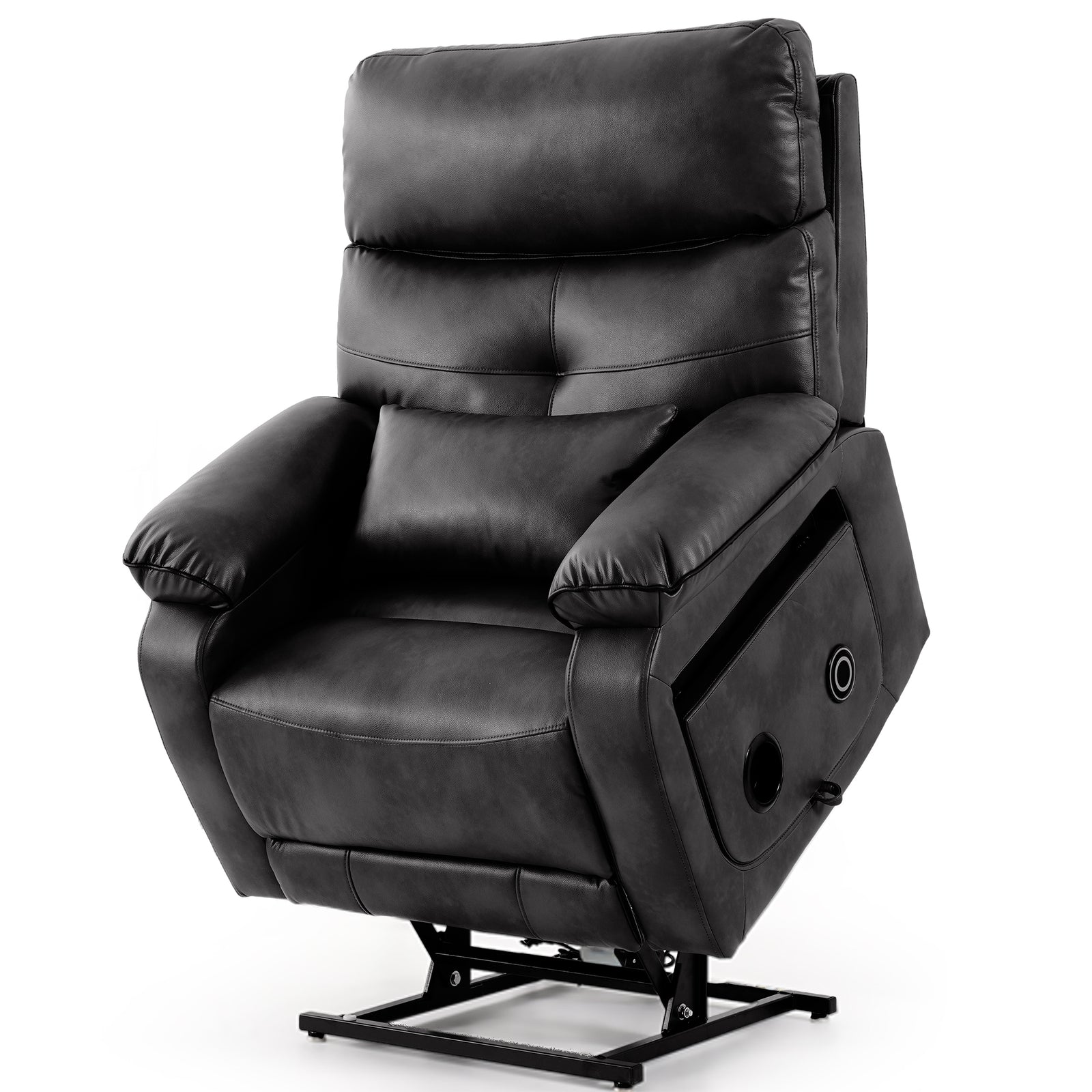 White background studio product photo of black faux leather power lift recliner chair for seniors, segmented padded backrest with detachable lumbar pillow, wide padded armrests, dual built-in Bluetooth speakers on side panel, heavy-duty black metal electric lift base, ergonomic elderly assist reclining sofa