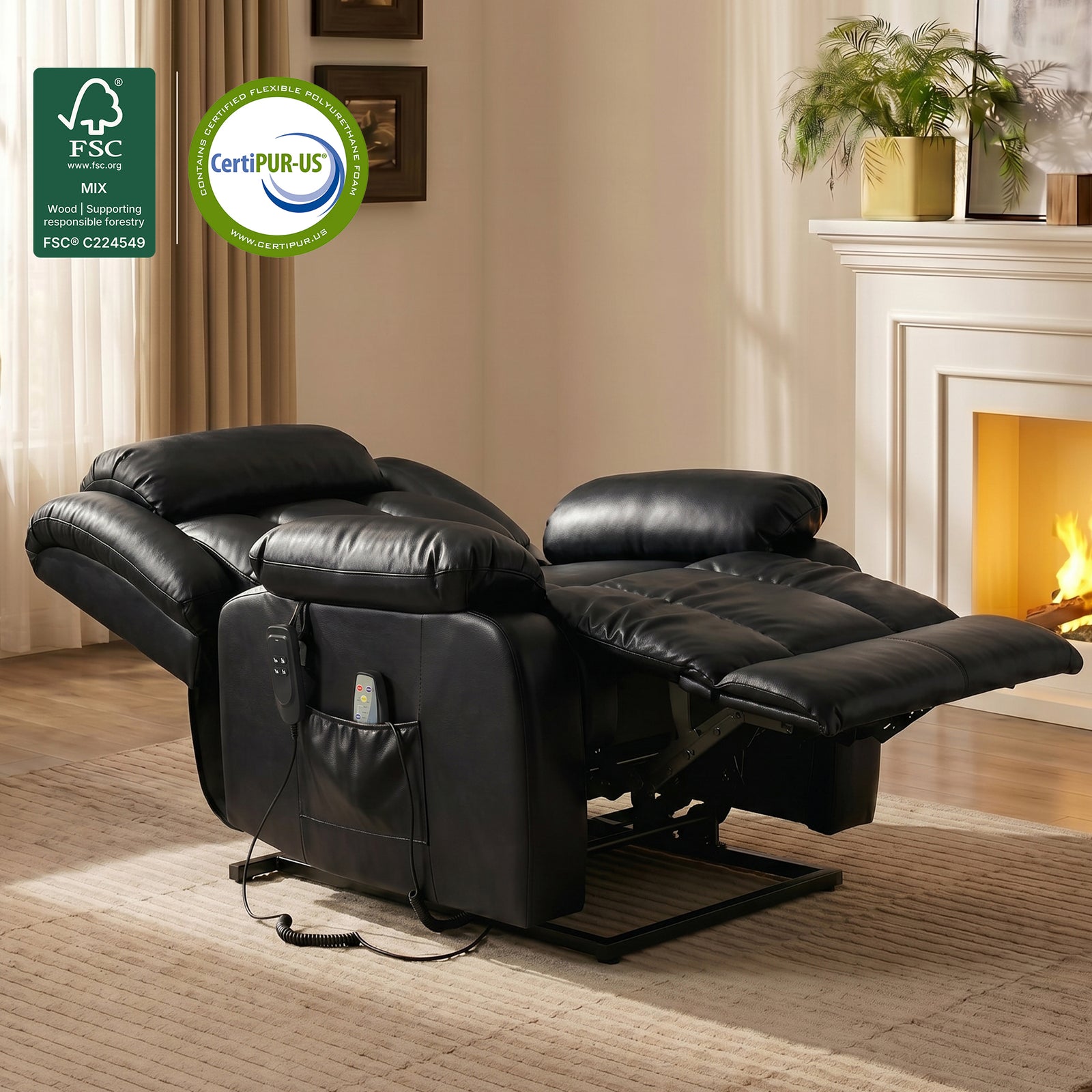 Home lifestyle shot of black leather dual motor power lift recliner fully laid flat in zero-gravity sleeping position, dual side pockets holding lift and massage wired remotes, cozy living room with lit fireplace, palm plant and beige sheer curtains, FSC sustainable wood & CertiPUR-US safe foam certification logos on upper left