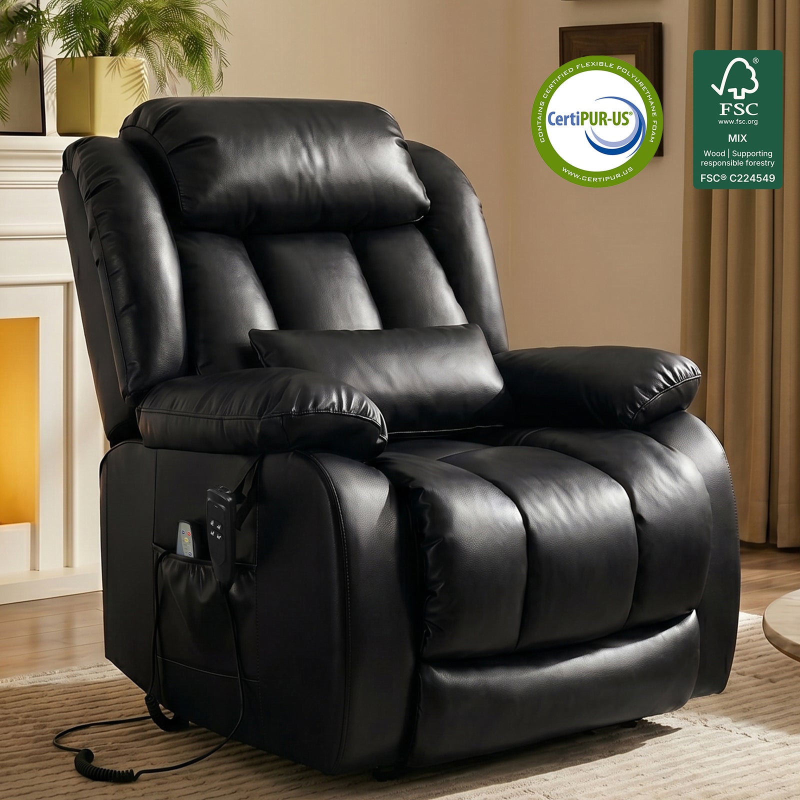 Warm living room lifestyle photo of plush black faux leather electric power lift recliner chair with side pocket holding massage & lift wired remotes; cozy interior with lit fireplace, palm plant, beige curtains; top-right overlay with CertiPUR-US foam and FSC sustainable wood