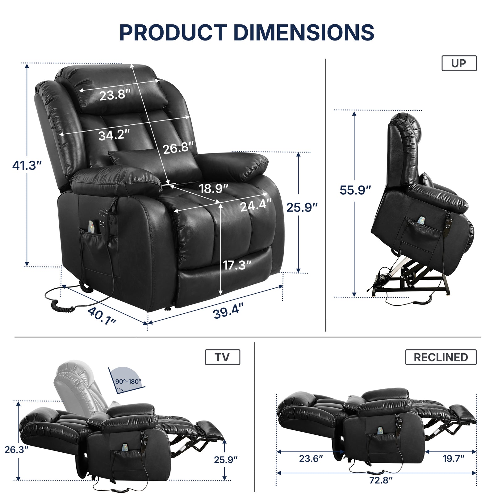 White background product dimension infographic for black leather dual motor power lift recliner chair, marked with inch measurements for 3 modes: upright UP position, TV lounge position, fully flat RECLINED sleeping position, multi-view diagrams show width, height and depth of senior mobility armchair