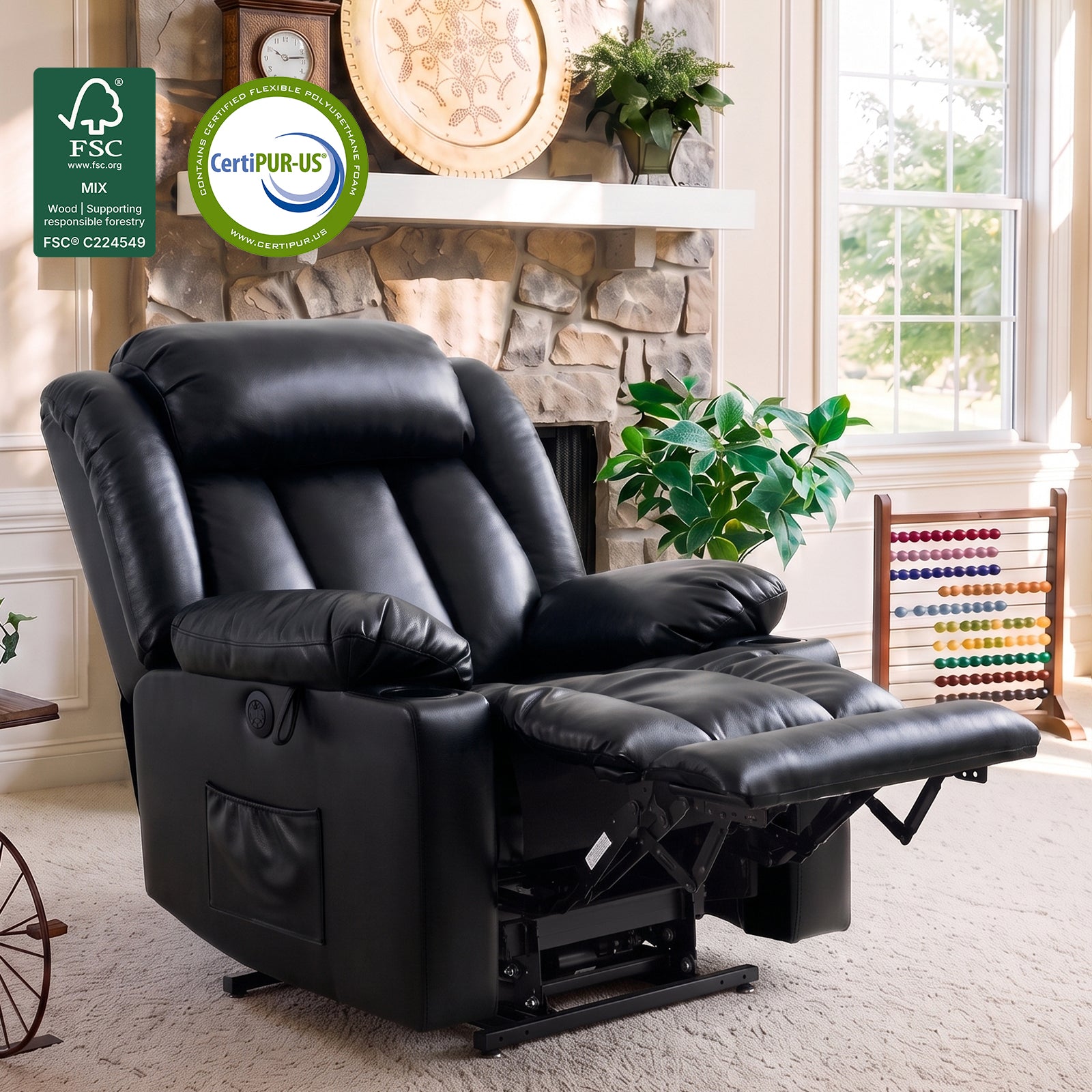 Black Faux Leather Power Lift Recliner Fully Extended Recline Position, Elderly Assist Massage Sofa with Cup Holders, CertiPUR-US & FSC Certified Living Room Chair