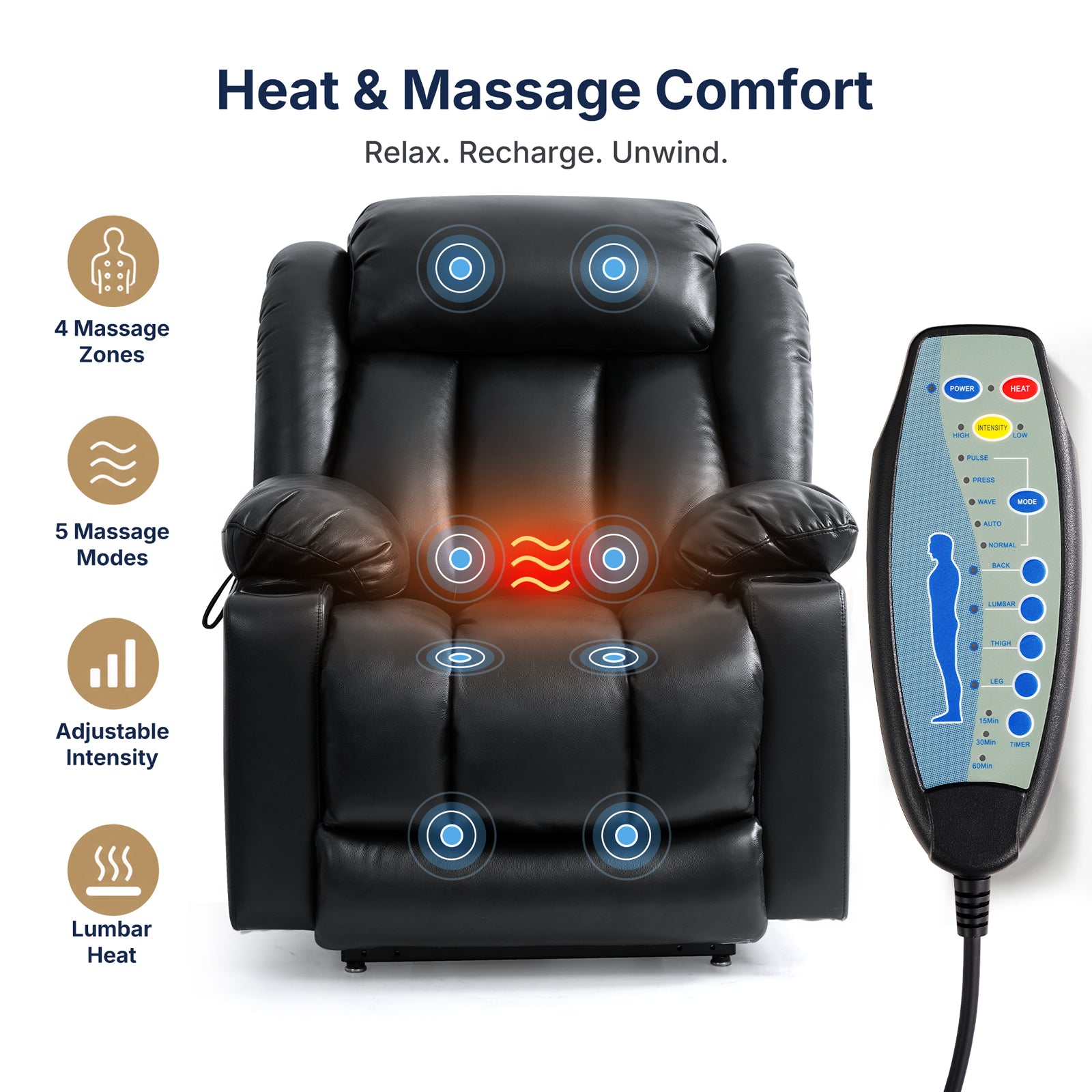 Black Power Lift Recliner Heat & Massage Function Infographic, 8 Massage Points, Lumbar Heating, Wired Hand Remote with 5 Massage Modes