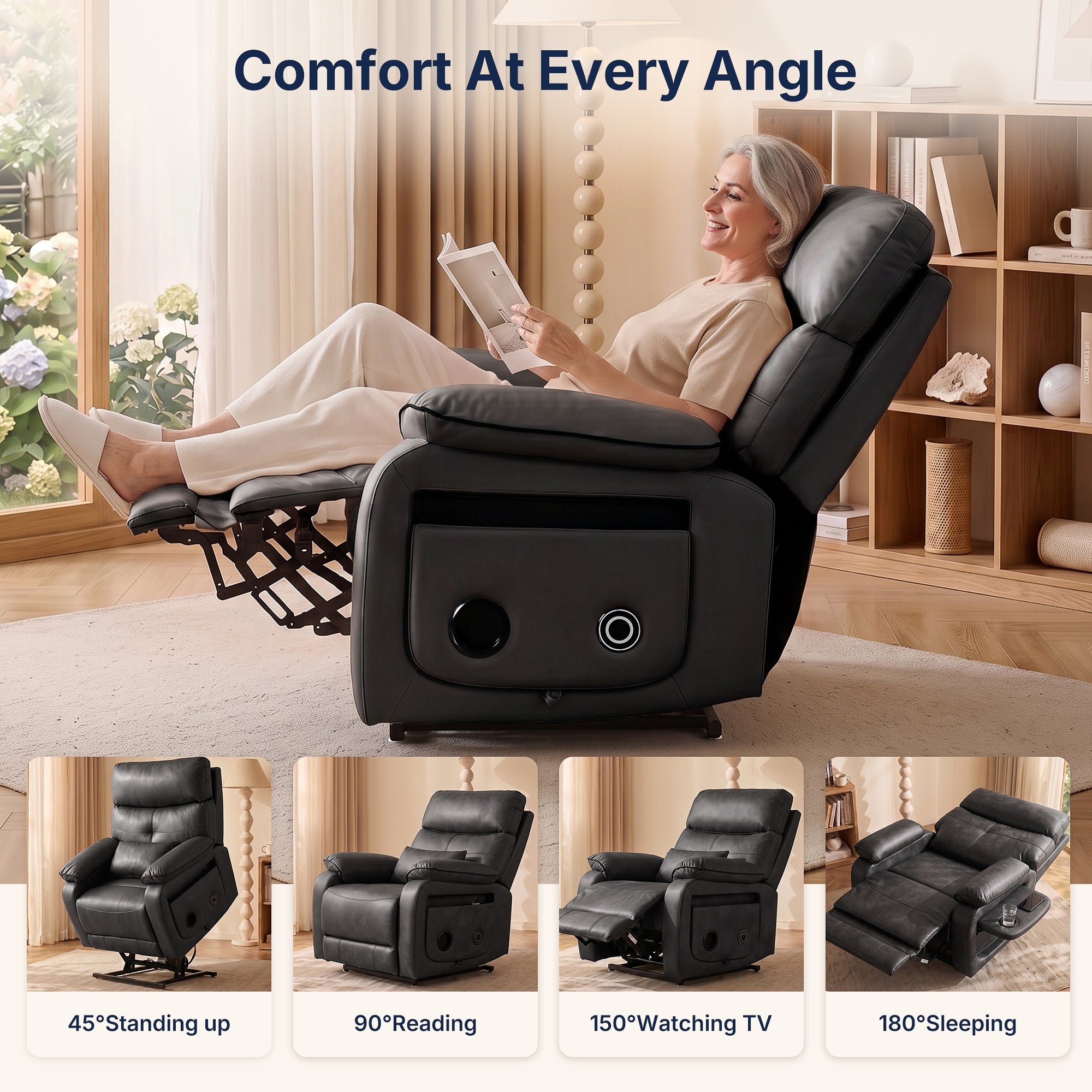 Lifestyle promotional banner titled "Comfort At Every Angle", senior lady reading on 150° reclined black faux leather power lift recliner chair with dual built-in side Bluetooth speakers, four functional position previews at bottom: 45° Standing up, 90° Reading, 150° Watching TV, 180° Sleeping, warm cozy living room with wooden bookshelf, floor lamp and garden view window