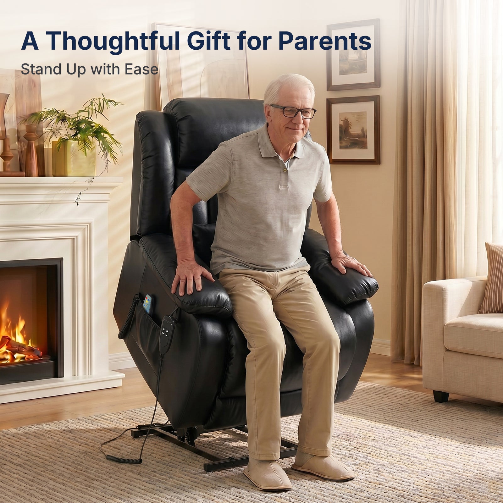Lifestyle promotional photo: senior elderly man easily standing up from black faux leather electric power lift recliner chair with massage remote side pocket, warm living room with lit fireplace, wall art and sheer beige curtains, overlay text "A Thoughtful Gift for Parents, Stand Up with Ease", mobility assistance armchair for aging parents
