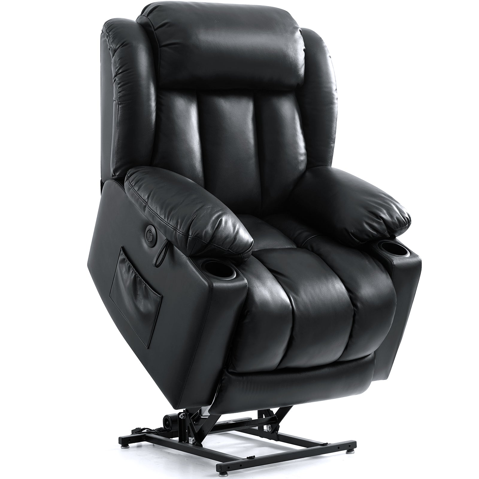 Black Faux Leather Power Lift Recliner Chair for Elderly, Electric Lift Assist Reclining Sofa with Cup Holders & Side Storage Pocket