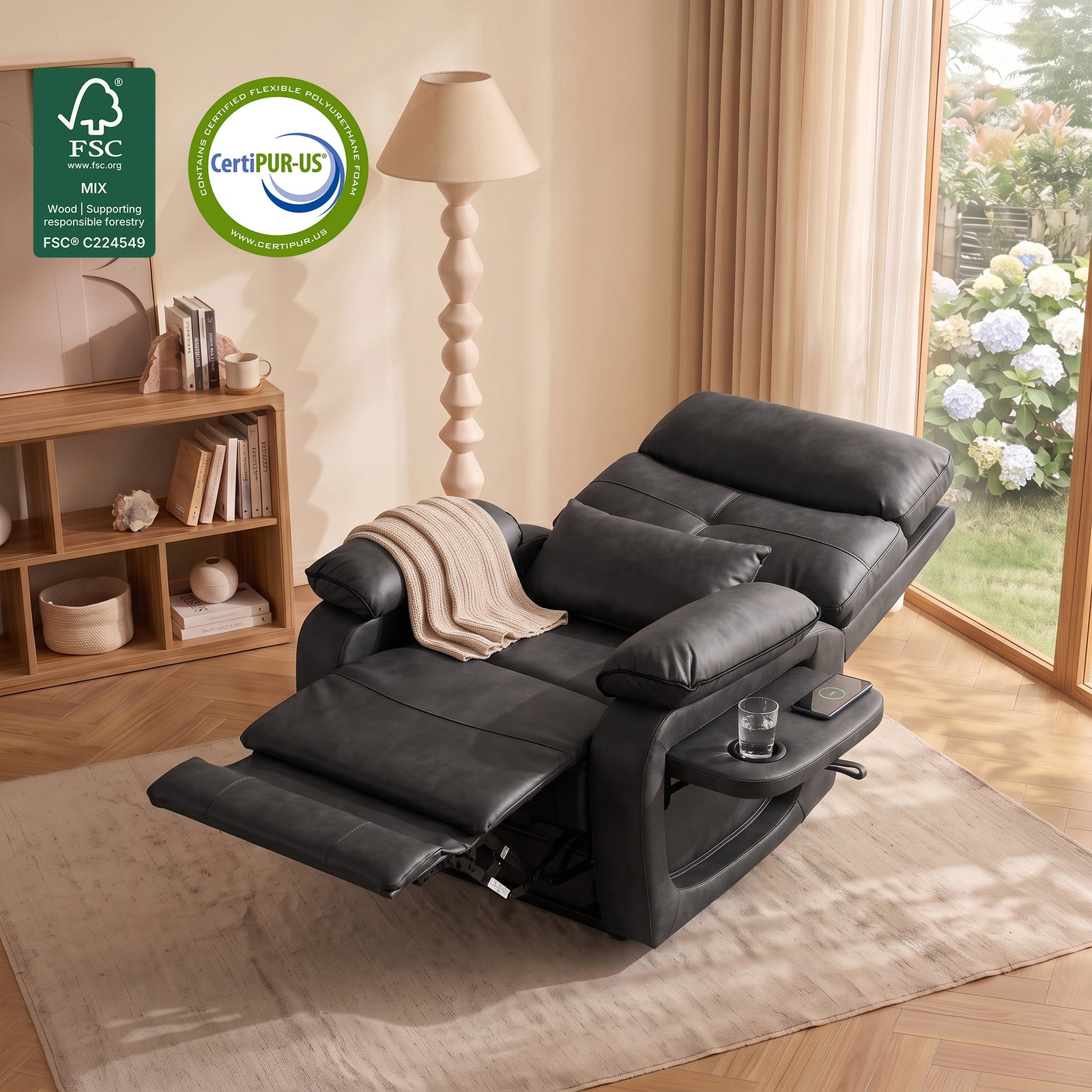 Lifestyle photo of fully reclined black faux leather power lift assist recliner chair, foldable side tray with cup holder and wireless charger, draped knit throw pillow, top left FSC wood certification and CertiPUR-US foam certification badges, warm bright living room with wooden bookshelf, sculptural floor lamp and garden-view window