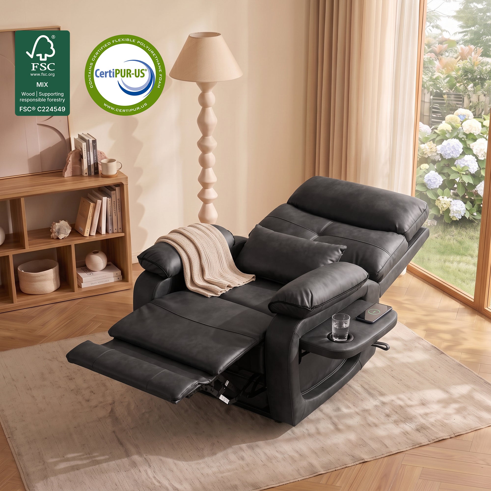 Lifestyle photo of fully reclined black faux leather power lift assist recliner chair, foldable side tray with cup holder and wireless charger, draped knit throw pillow, top left FSC wood certification and CertiPUR-US foam certification badges, warm bright living room with wooden bookshelf, sculptural floor lamp and garden-view window