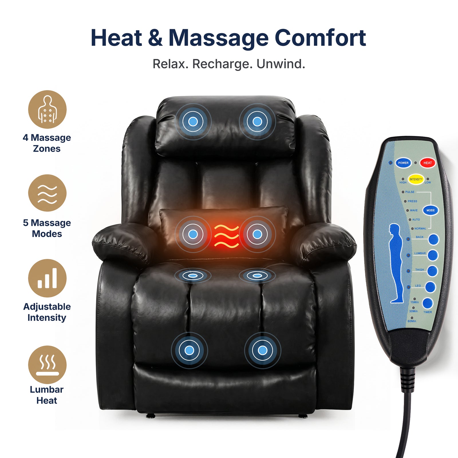 White background feature infographic for black faux leather power lift recliner chair, headline "Heat & Massage Comfort", labeled 8 massage target zones across shoulder, lumbar, hip and calf with lumbar heating mark, full wired massage hand remote on right, left side feature icons: 4 Massage Zones, 5 Massage Modes, Adjustable Intensity, Lumbar Heat