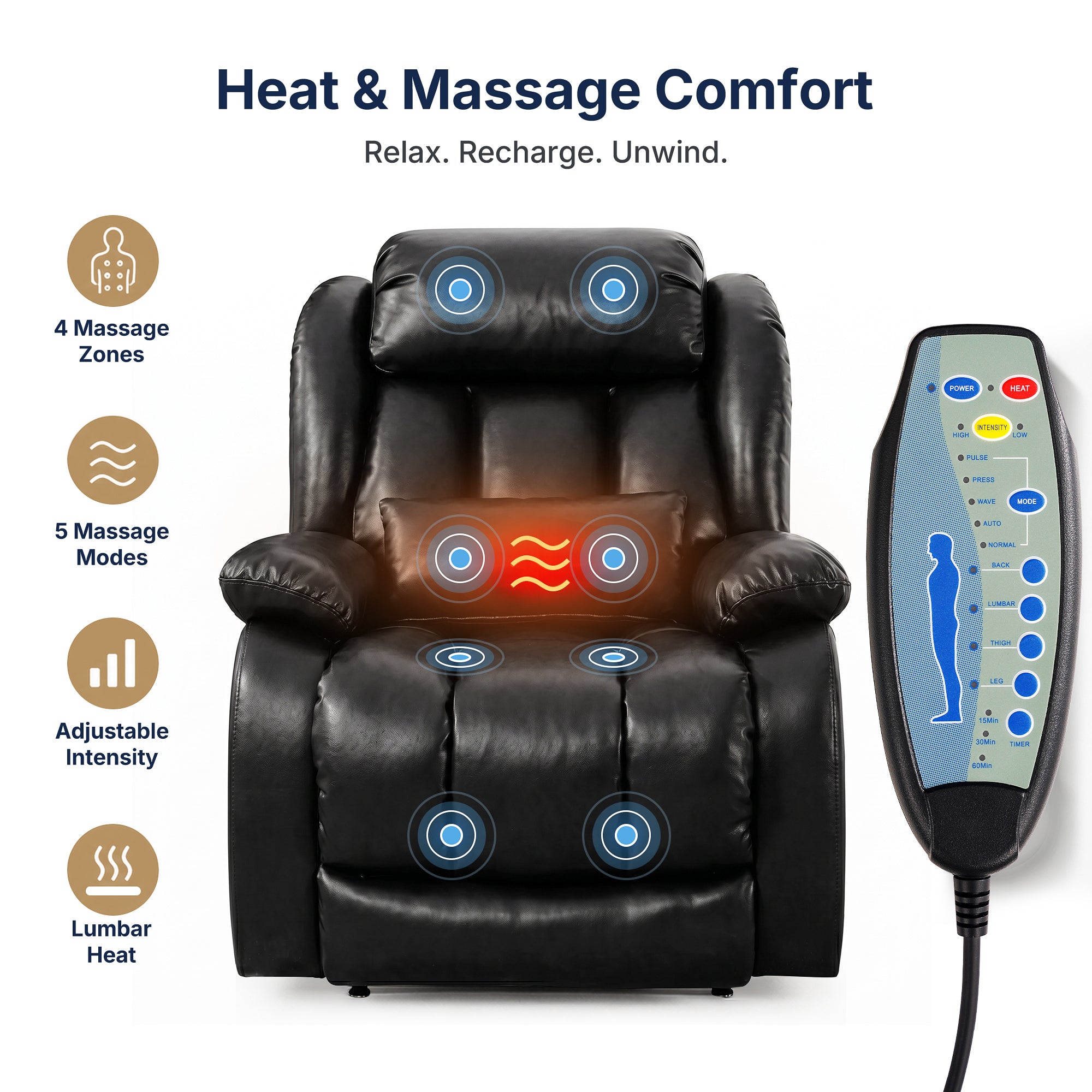 White background feature infographic for black faux leather power lift recliner chair, headline "Heat & Massage Comfort", labeled 8 massage target zones across shoulder, lumbar, hip and calf with lumbar heating mark, full wired massage hand remote on right, left side feature icons: 4 Massage Zones, 5 Massage Modes, Adjustable Intensity, Lumbar Heat