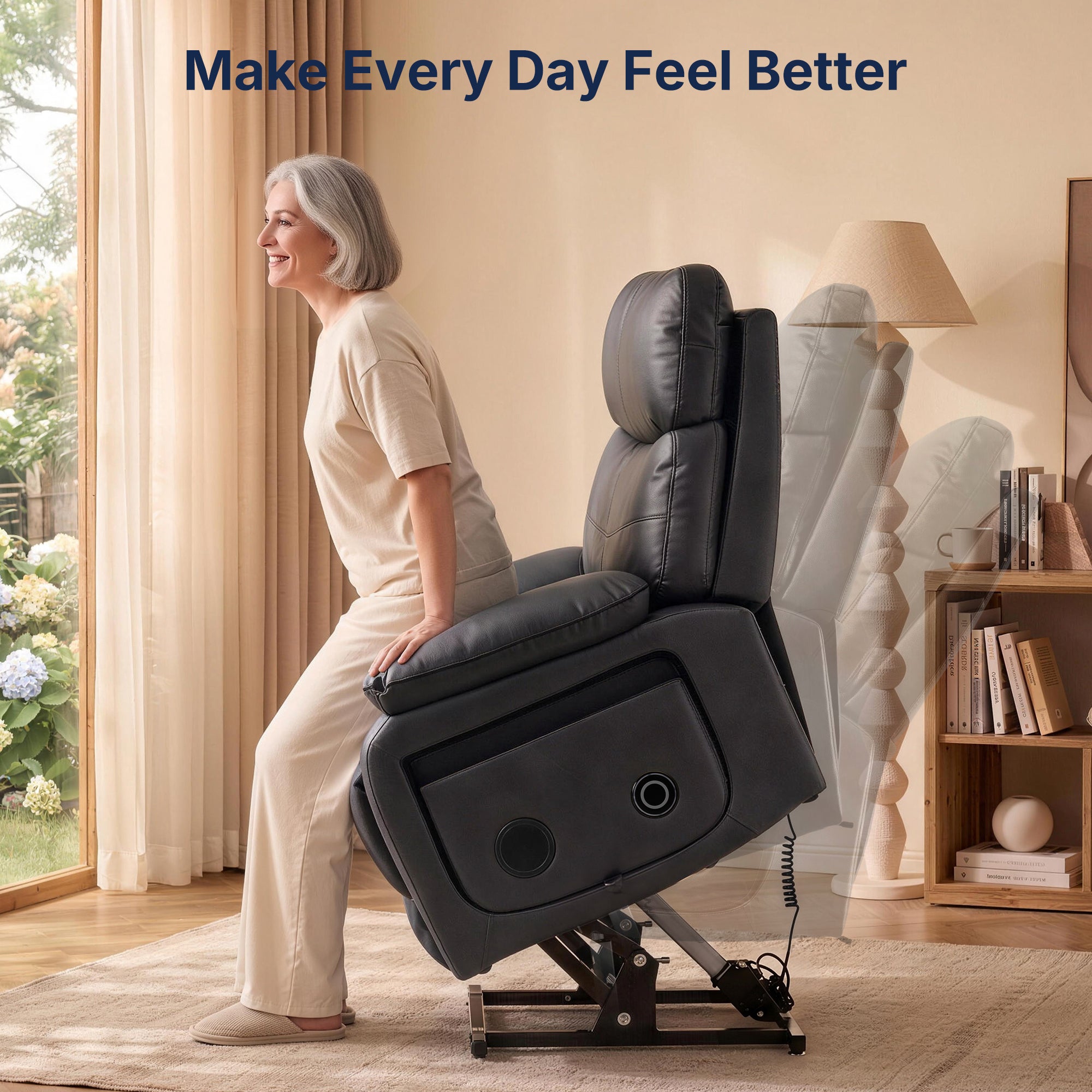 Alt: Lifestyle promotional banner with text "Make Every Day Feel Better", senior woman demonstrating electric lift assist function of black faux leather power lift recliner chair, dual built-in Bluetooth speakers on side panel, transparent overlay showing recline structure, cozy warm home living room interior with window and wooden bookshelf