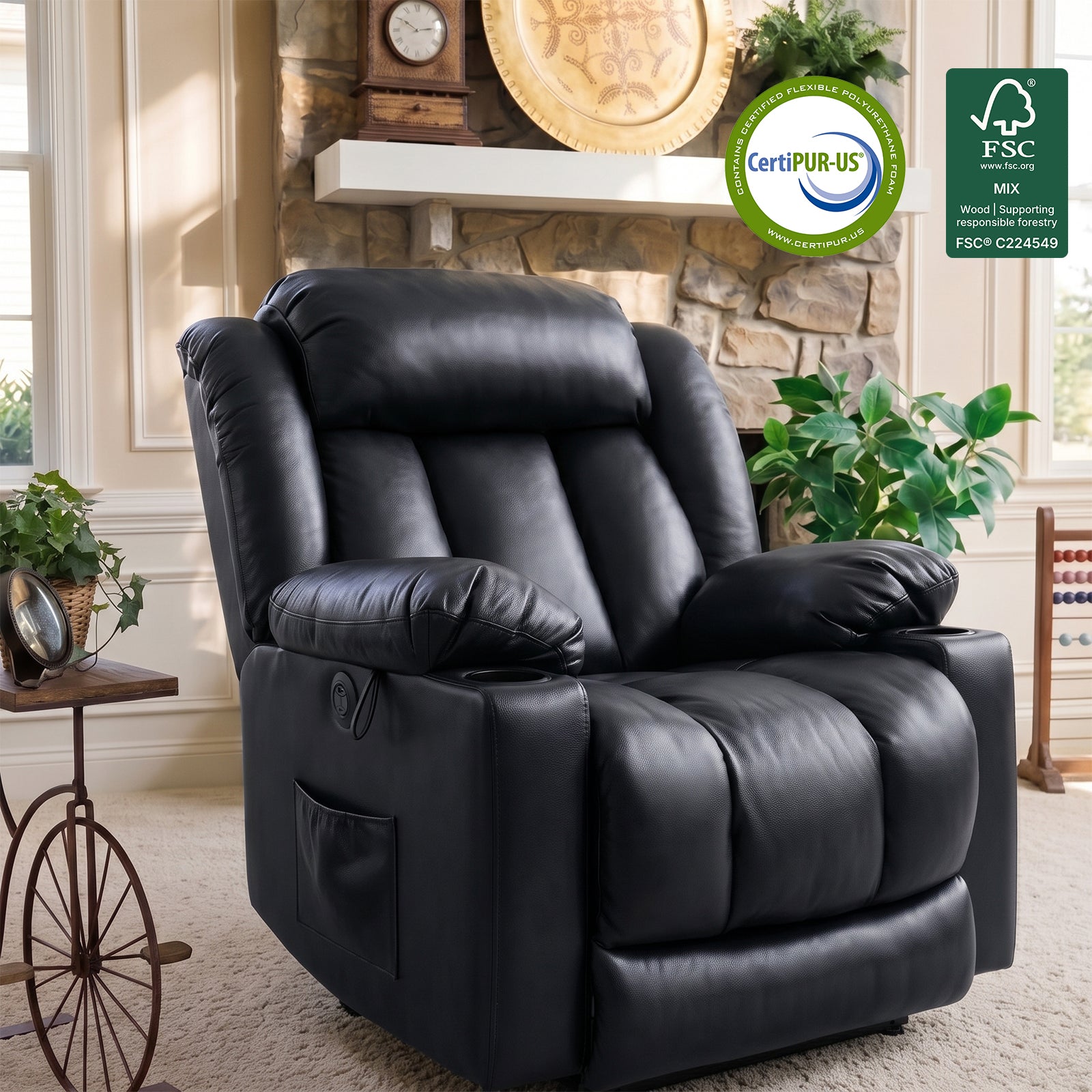Black Faux Leather Power Lift Recliner Chair, Electric Assist Reclining Sofa with Cup Holders & Side Pocket, CertiPUR-US & FSC Certified for Living Room