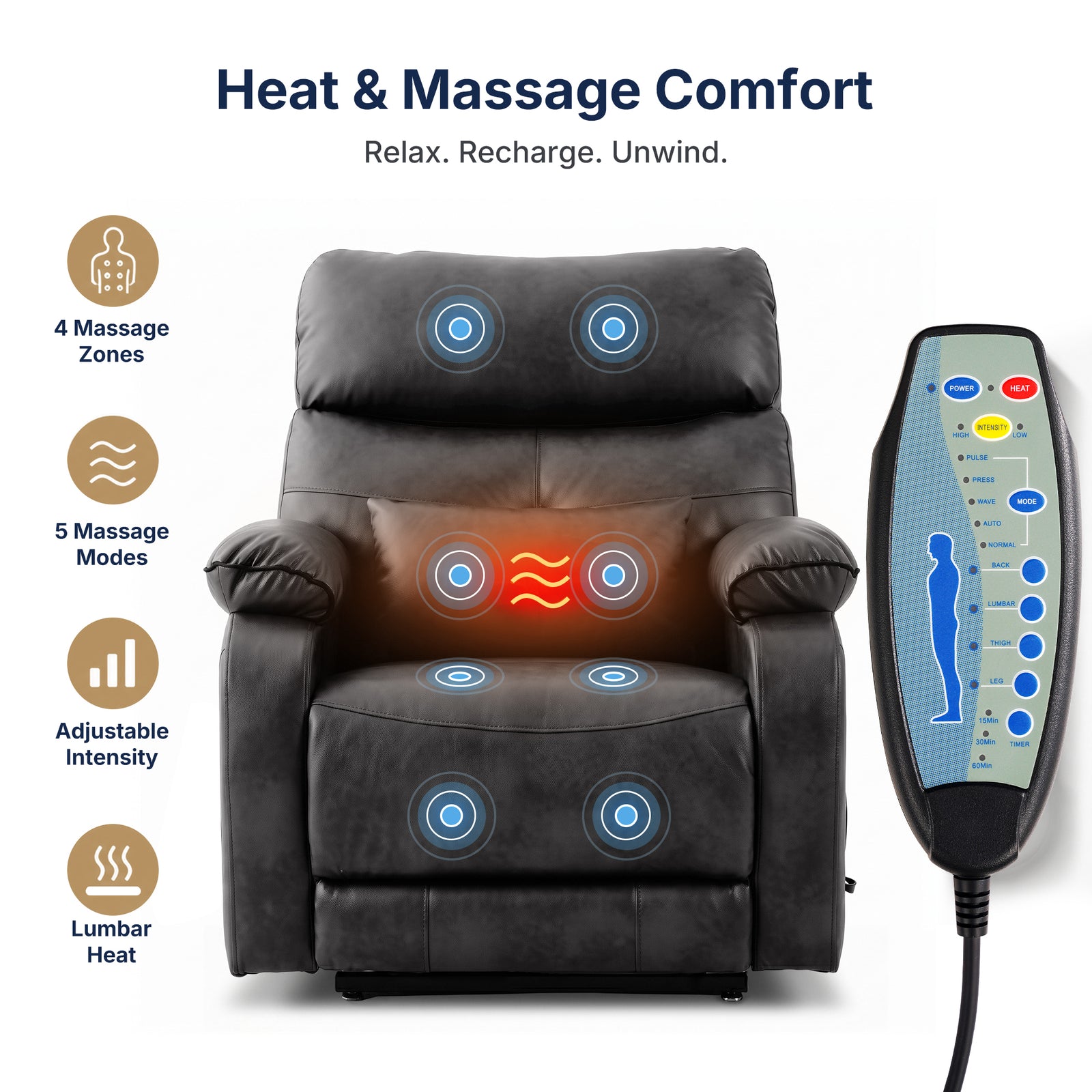  White background feature infographic titled Heat & Massage Comfort with slogan Relax. Recharge. Unwind., black faux leather power lift recliner chair marked with 4 massage zones, 5 massage modes, adjustable intensity and lumbar heating function, matching wired hand remote control on the right, vibration and heat therapy illustration for elderly assist recliner sofa